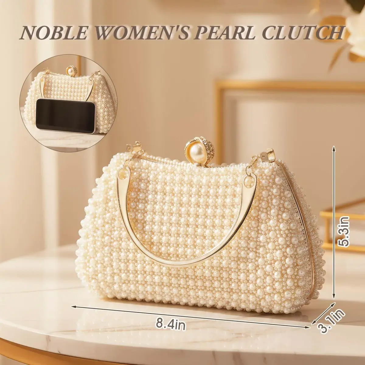 JIAN YA NA Pearl Gold Rhinestone Trihedral Clutch Evening Bag 11.3cm x 15.5cm | Bling Zipper Wedding Purse - view 3