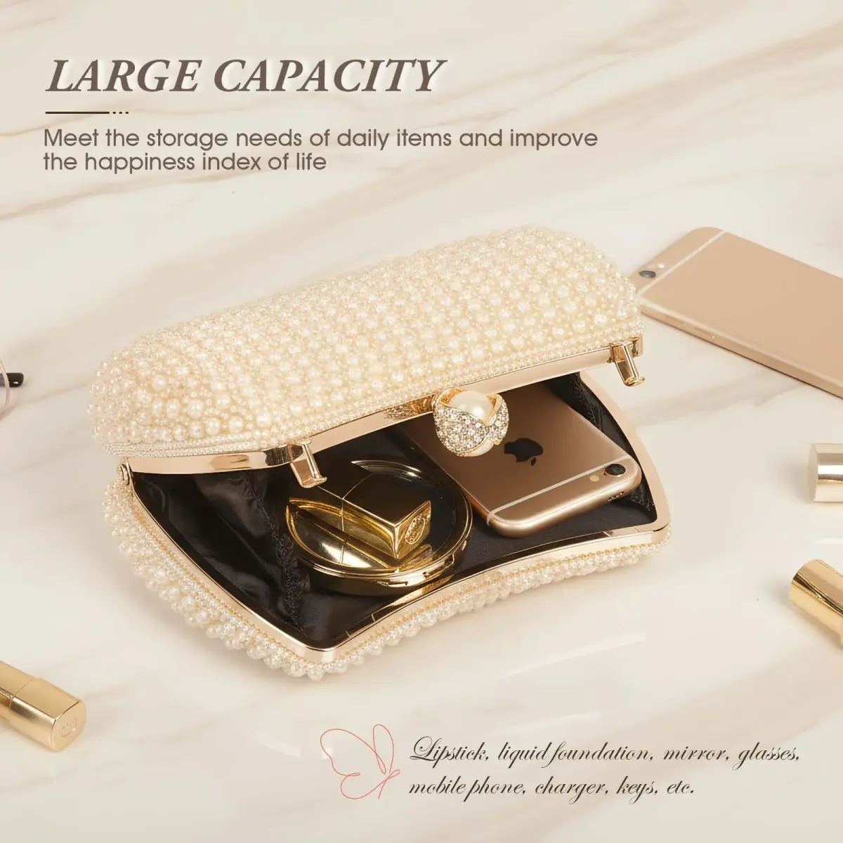 JIAN YA NA Pearl Gold Rhinestone Trihedral Clutch Evening Bag 11.3cm x 15.5cm | Bling Zipper Wedding Purse - view 4