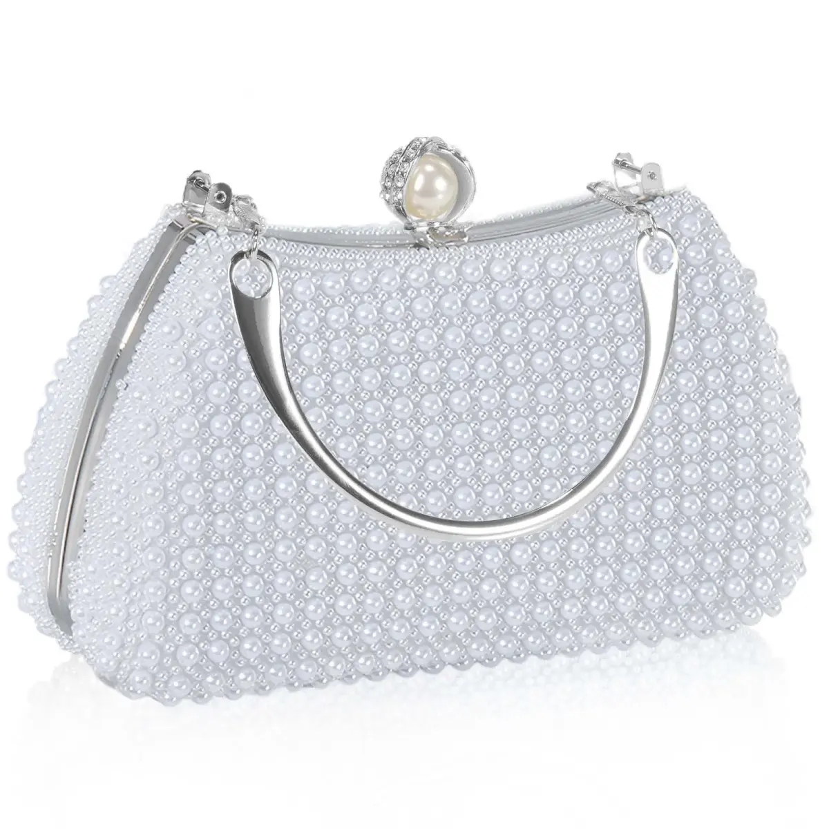 JIAN YA NA Pearl Silver Rhinestone Trihedral Clutch Evening Bag with Elegant Pearls | Bling Zipper Wedding Purse - main product image