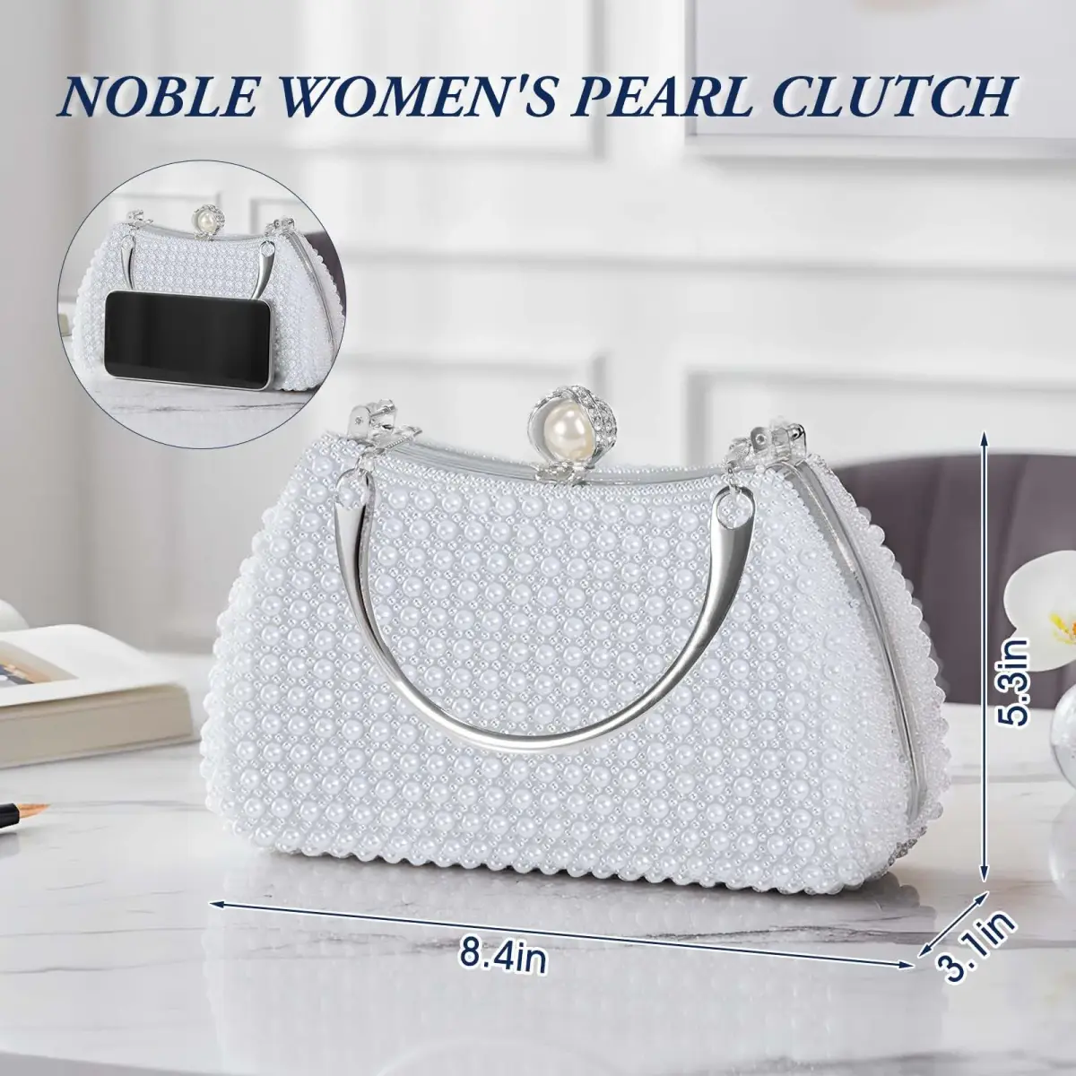 JIAN YA NA Pearl Silver Rhinestone Trihedral Clutch Evening Bag with Elegant Pearls | Bling Zipper Wedding Purse - view 3