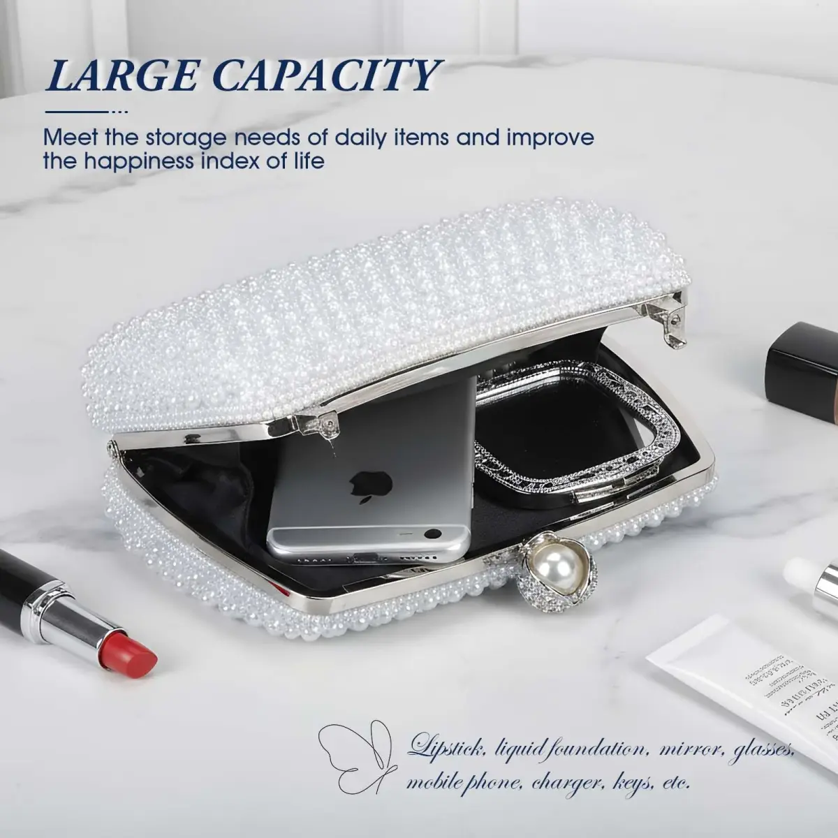 JIAN YA NA Pearl Silver Rhinestone Trihedral Clutch Evening Bag with Elegant Pearls | Bling Zipper Wedding Purse - view 4