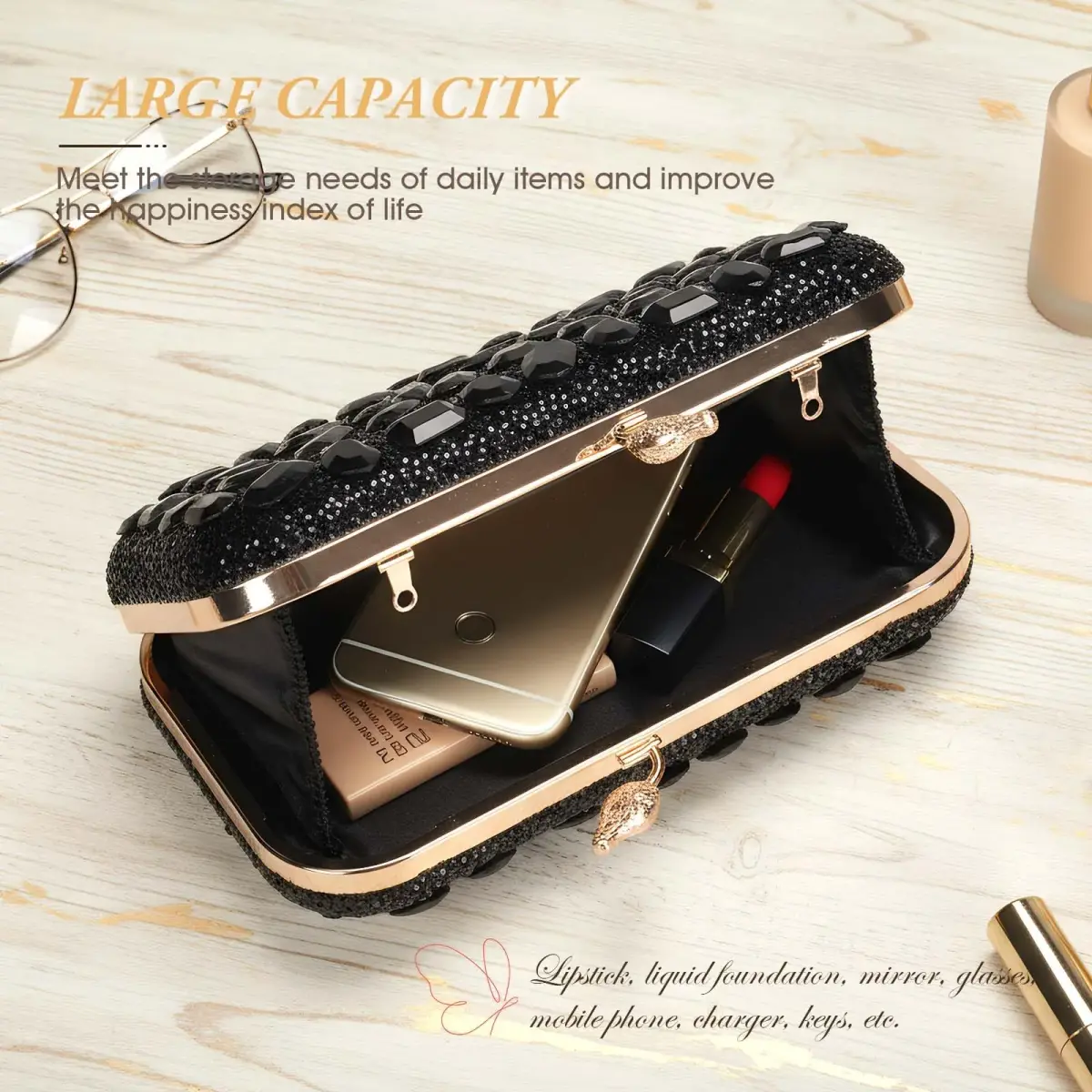 JIAN YA NA Rhinestone Trihedral Clutch Evening Bag - Black - view 4