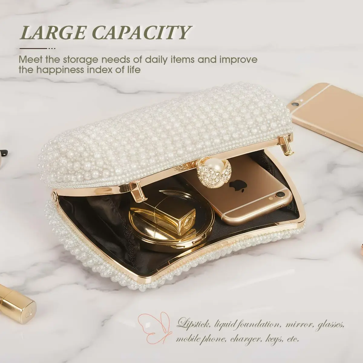 JIAN YA NA Pearl White Rhinestone Trihedral Clutch Evening Bag - Elegant Pearls - view 4