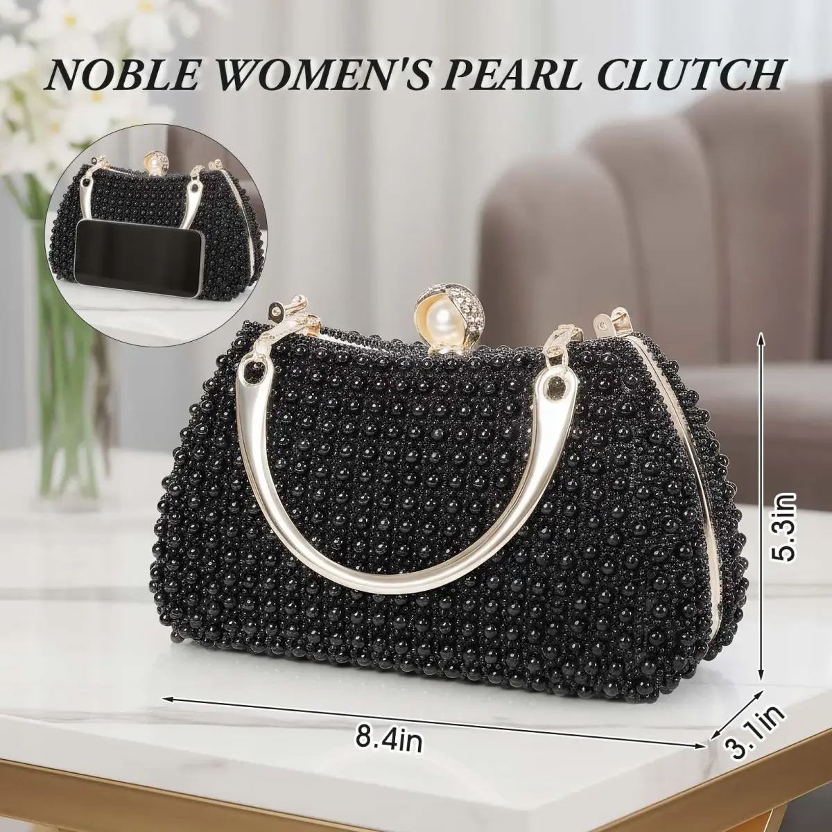JIAN YA NA Black Pearl Trihedral Clutch Evening Bag 11.3cm x 15.5cm | Elegant Pearl Embellishment - view 3
