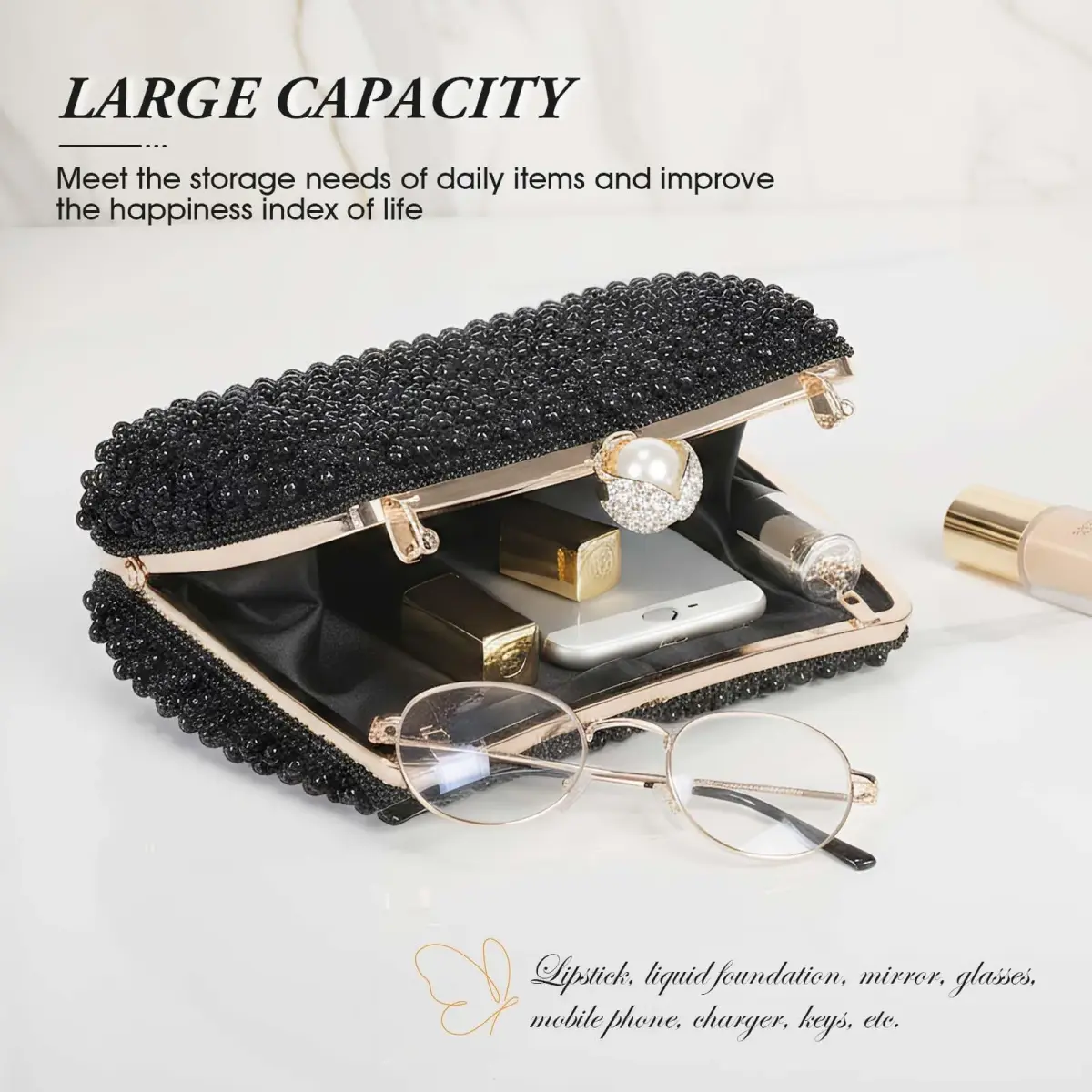 JIAN YA NA Black Pearl Trihedral Clutch Evening Bag 11.3cm x 15.5cm | Elegant Pearl Embellishment - view 4