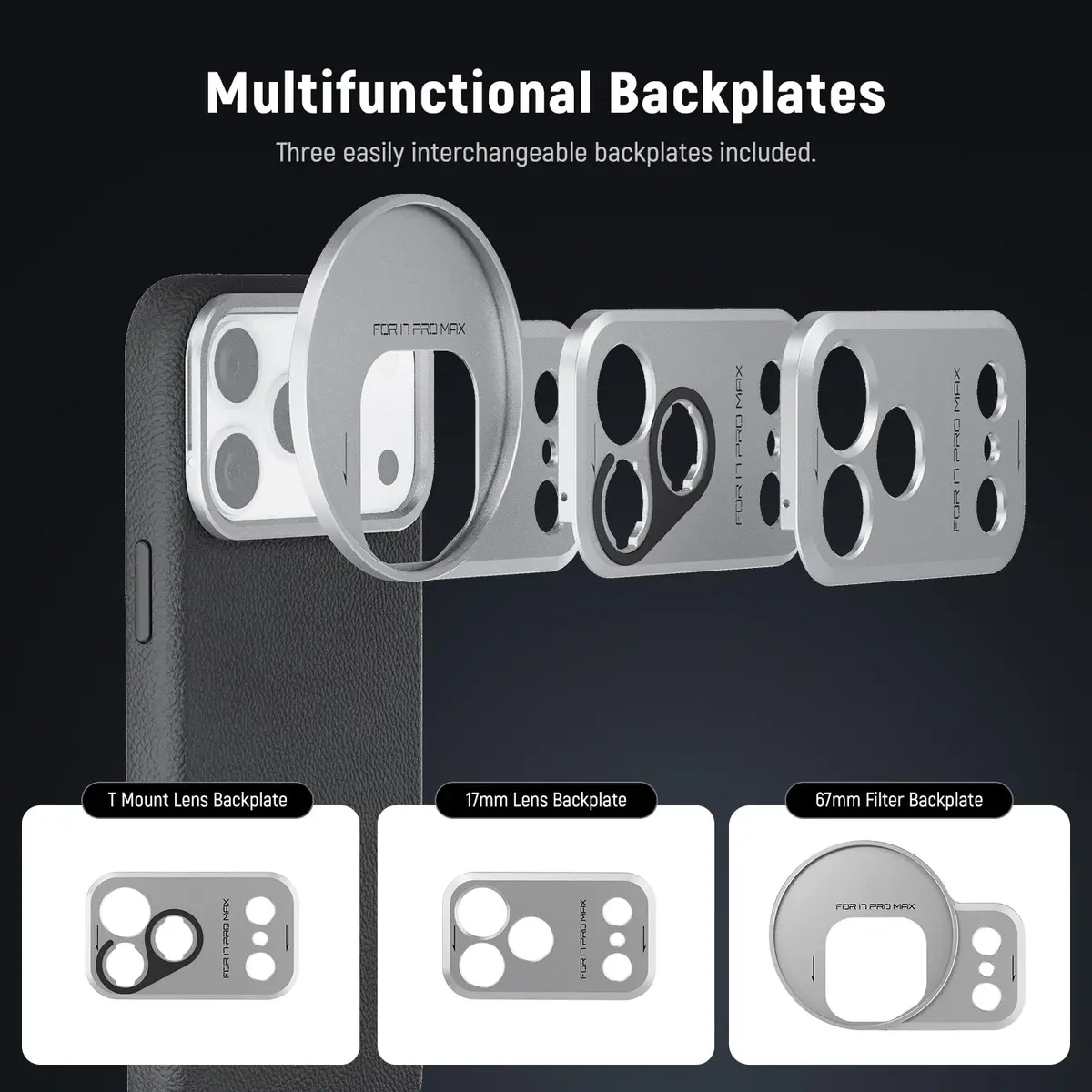 NEEWER Modular Phone Case for iPhone 17 Pro Max with MagSafe, 67mm Filter & 17mm Lens Backplates | Black + Silver - view 2