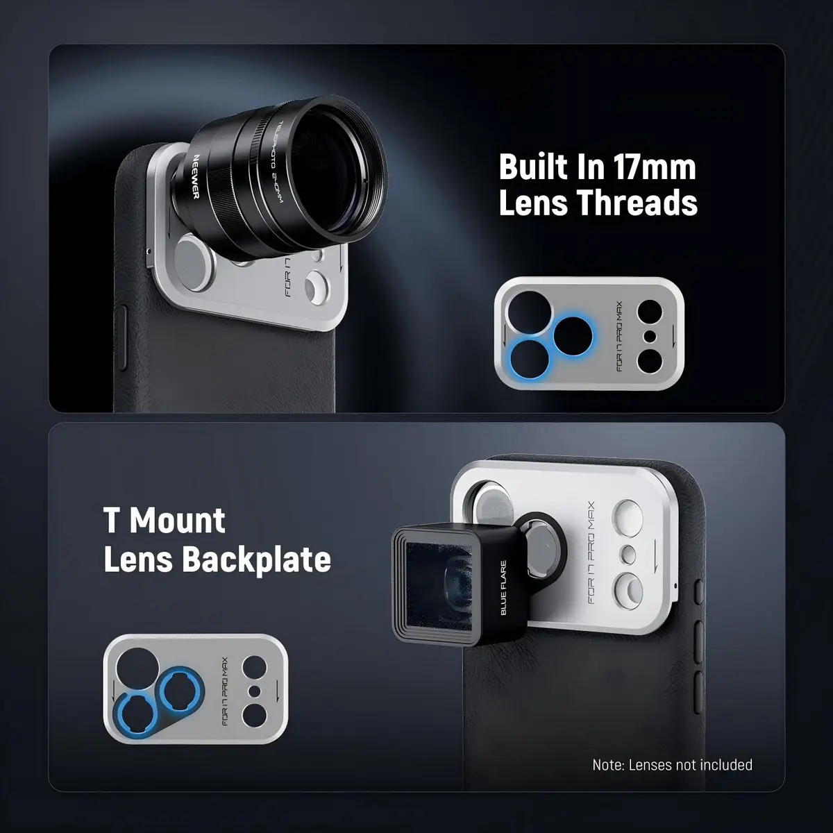 NEEWER Modular Phone Case for iPhone 17 Pro Max with MagSafe, 67mm Filter & 17mm Lens Backplates | Black + Silver - view 4