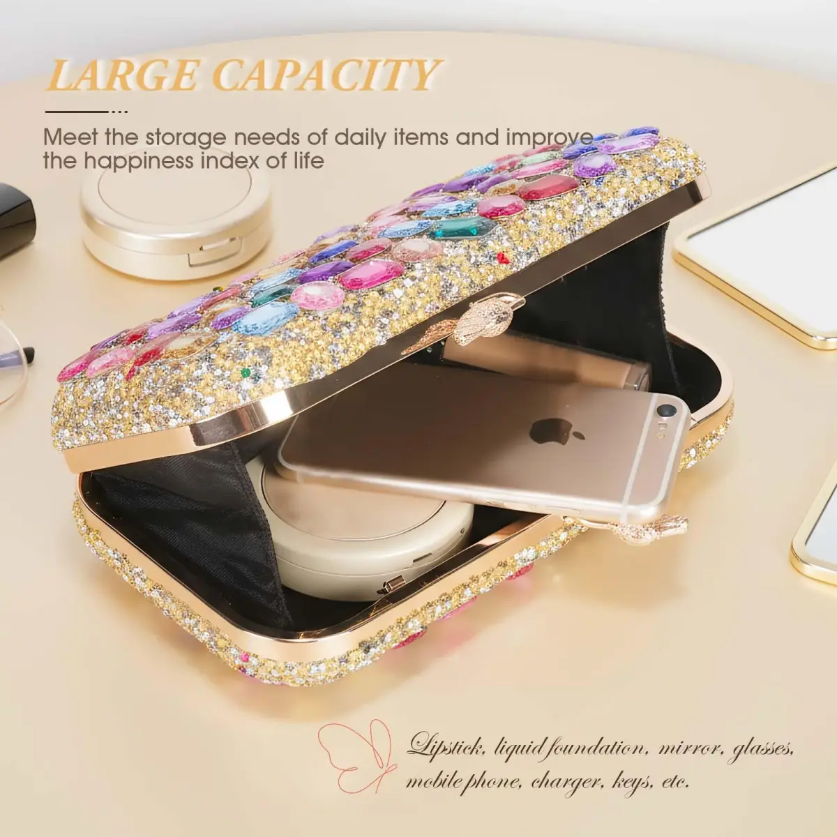 JIAN YA NA Elegant Crystal Clutch Purse for Women, Sparkling Rhinestone Evening Bag with Detachable Chain (20.1 cm / 7.9") | Versatile 3-in-1 Carrying Style - view 5