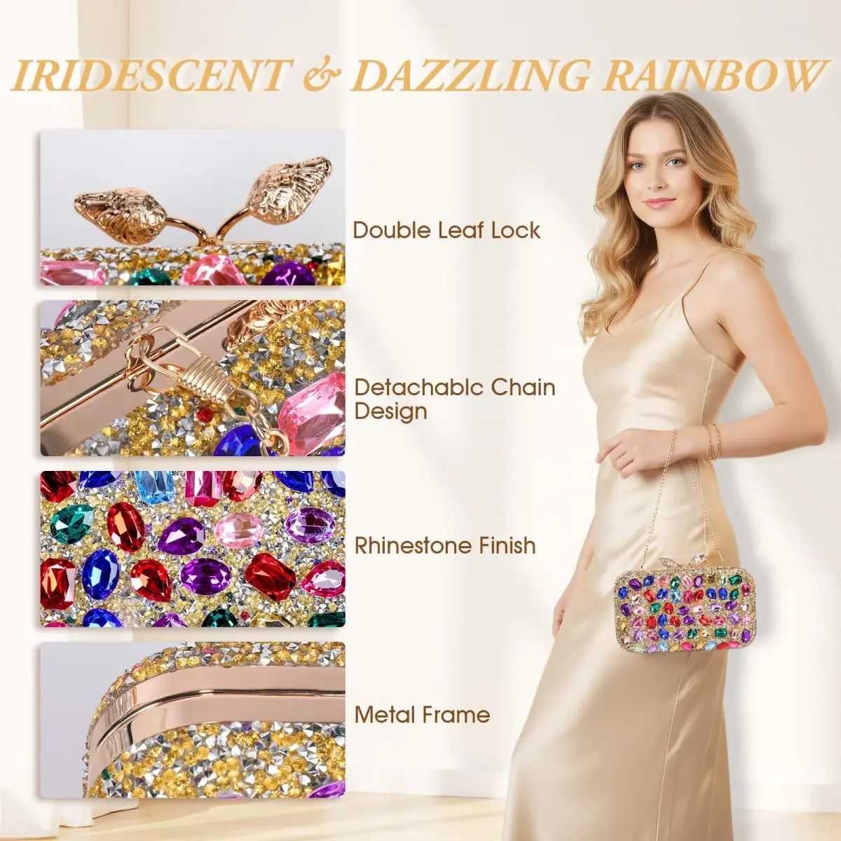 JIAN YA NA Elegant Crystal Clutch Purse for Women, Sparkling Rhinestone Evening Bag with Detachable Chain (20.1 cm / 7.9") | Versatile 3-in-1 Carrying Style - view 3