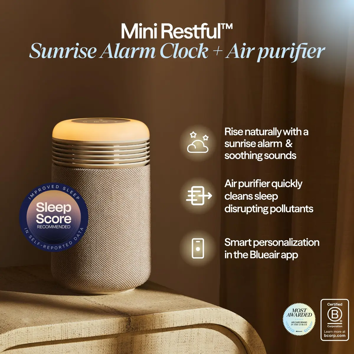 BLUEAIR Mini Restful Beige | 140 sq ft HEPA Air Purifier with Sunrise Alarm & Nightlight - view 2