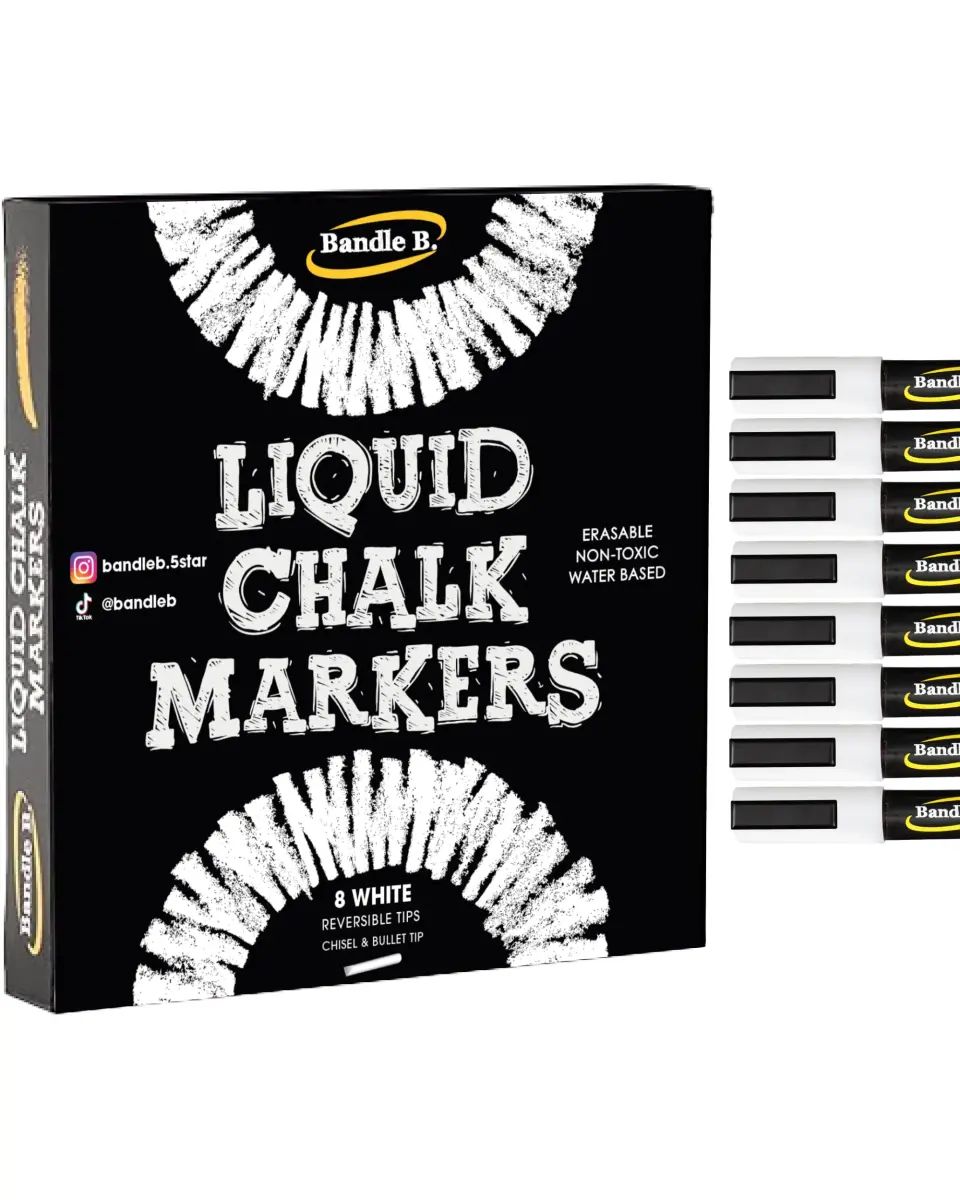 Bandle B. White Chalk Markers - 8 Pack, 6mm Reversible Tips | Non-Toxic, Erasable for Glass & Boards - main product image