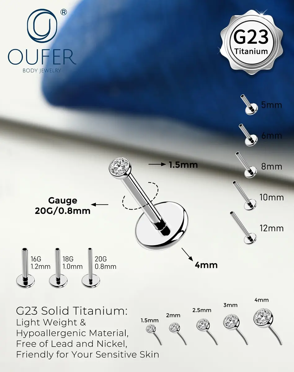 OUFER 20G Silver Titanium Labret Stud 5mm Post | G23 Implant Grade for Sensitive Skin - view 2
