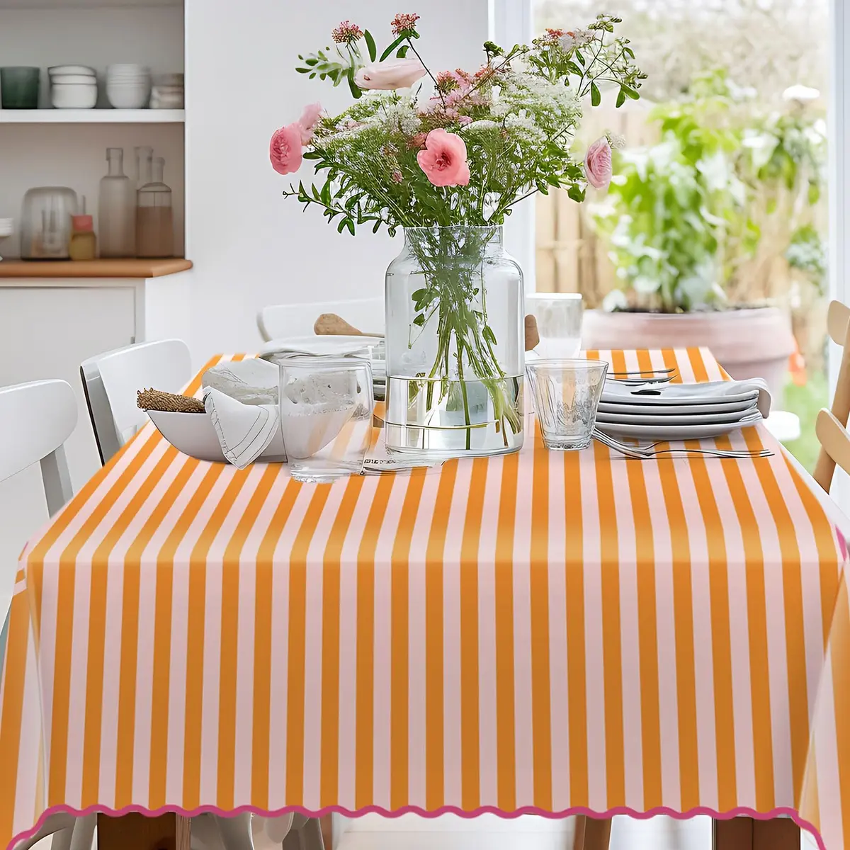 Whaline Waterproof Polyester Tablecloth, Orange Pink Striped, 55 x 70 Inch | Waterproof & Reusable - view 5