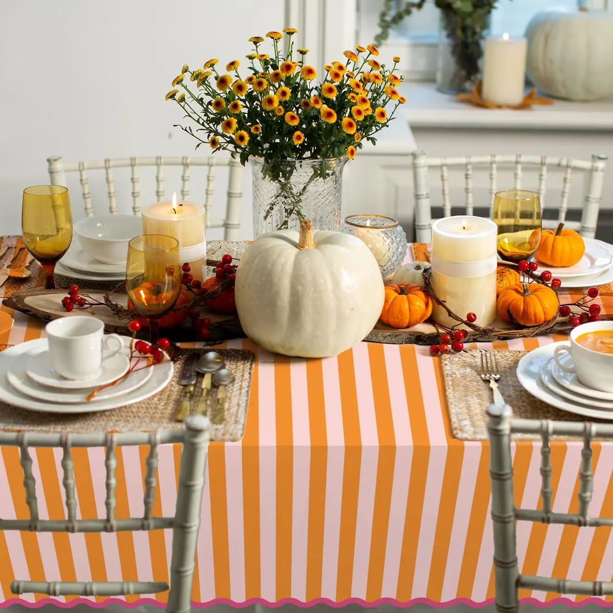 Whaline Waterproof Polyester Tablecloth, Orange Pink Striped, 55 x 70 Inch | Waterproof & Reusable - view 7