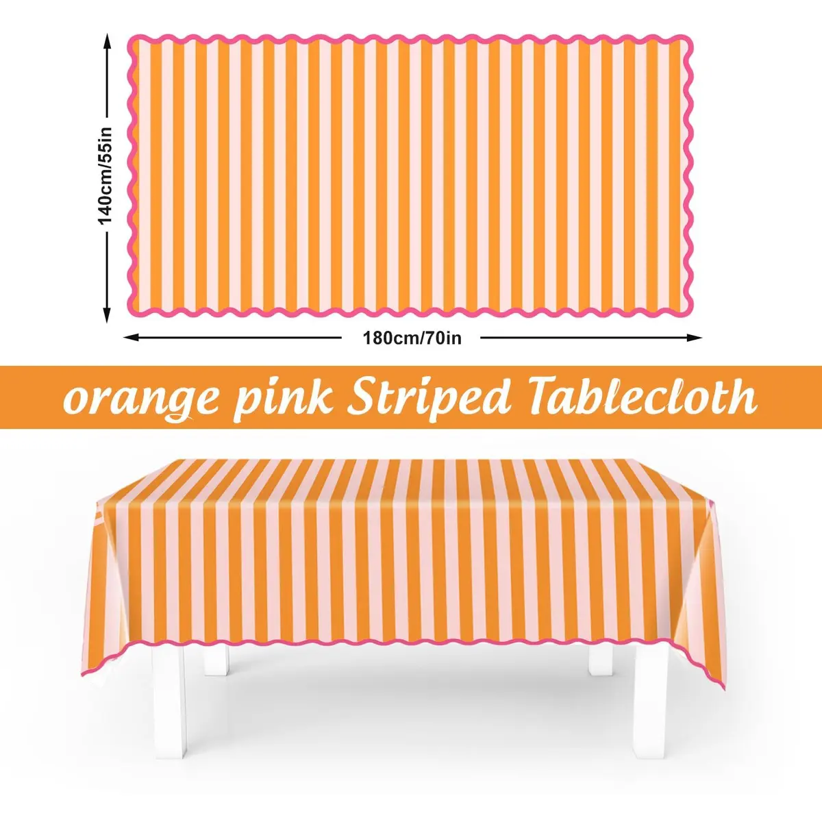 Whaline Waterproof Polyester Tablecloth, Orange Pink Striped, 55 x 70 Inch | Waterproof & Reusable - view 2