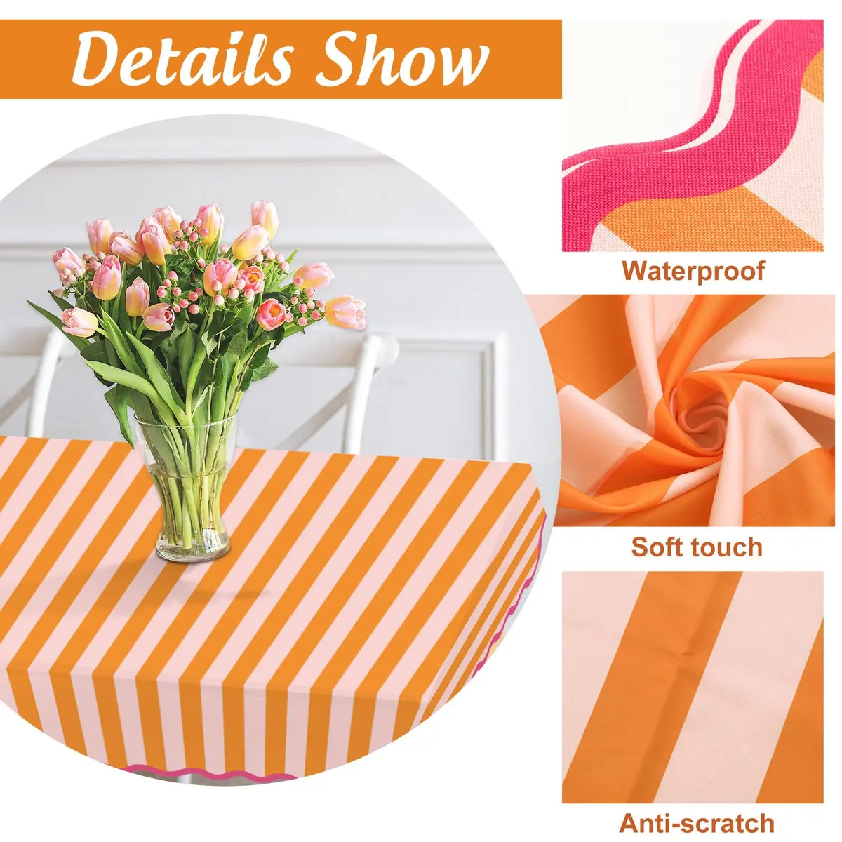 Whaline Waterproof Polyester Tablecloth, Orange Pink Striped, 55 x 70 Inch | Waterproof & Reusable - view 3