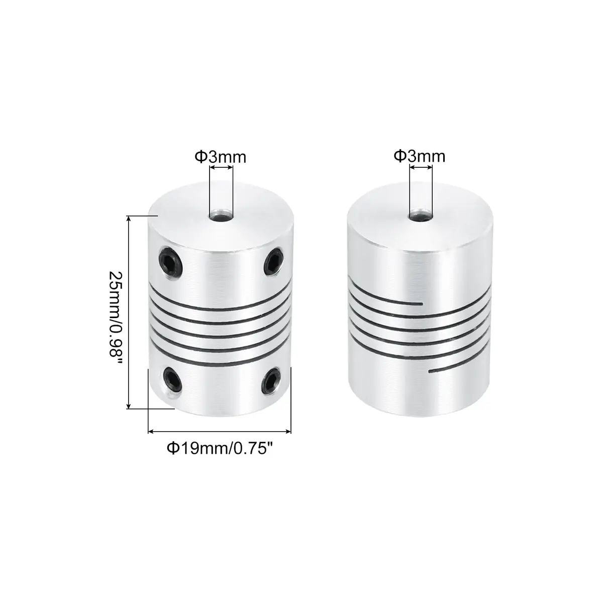 uxcell 3mm to 3mm Aluminum Alloy Shaft Coupling L25xD19mm Flexible Beam Coupler (2-Pack) - view 2