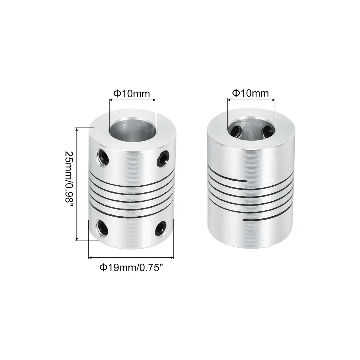 uxcell 2Pcs 10mm to 10mm Aluminum Alloy Shaft Coupling L25xD19 Flexible Coupler Beam with Hex Wrench | Precision Alignment for 3D Printers & CNC - view 2