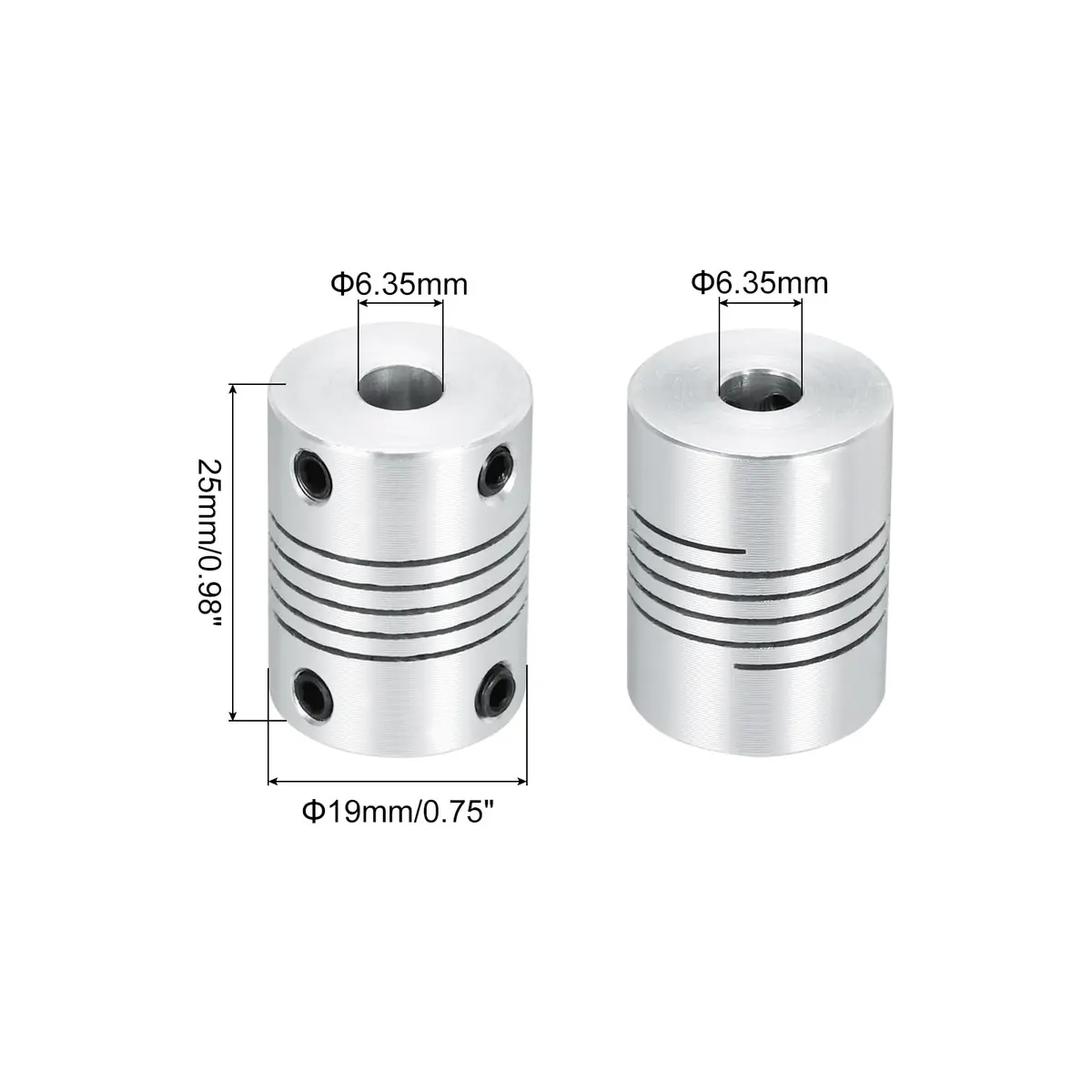 uxcell 2Pcs 6.35mm to 6.35mm Aluminum Alloy Shaft Coupling 25mm | Flexible, Durable, for 3D Printer & CNC - view 2