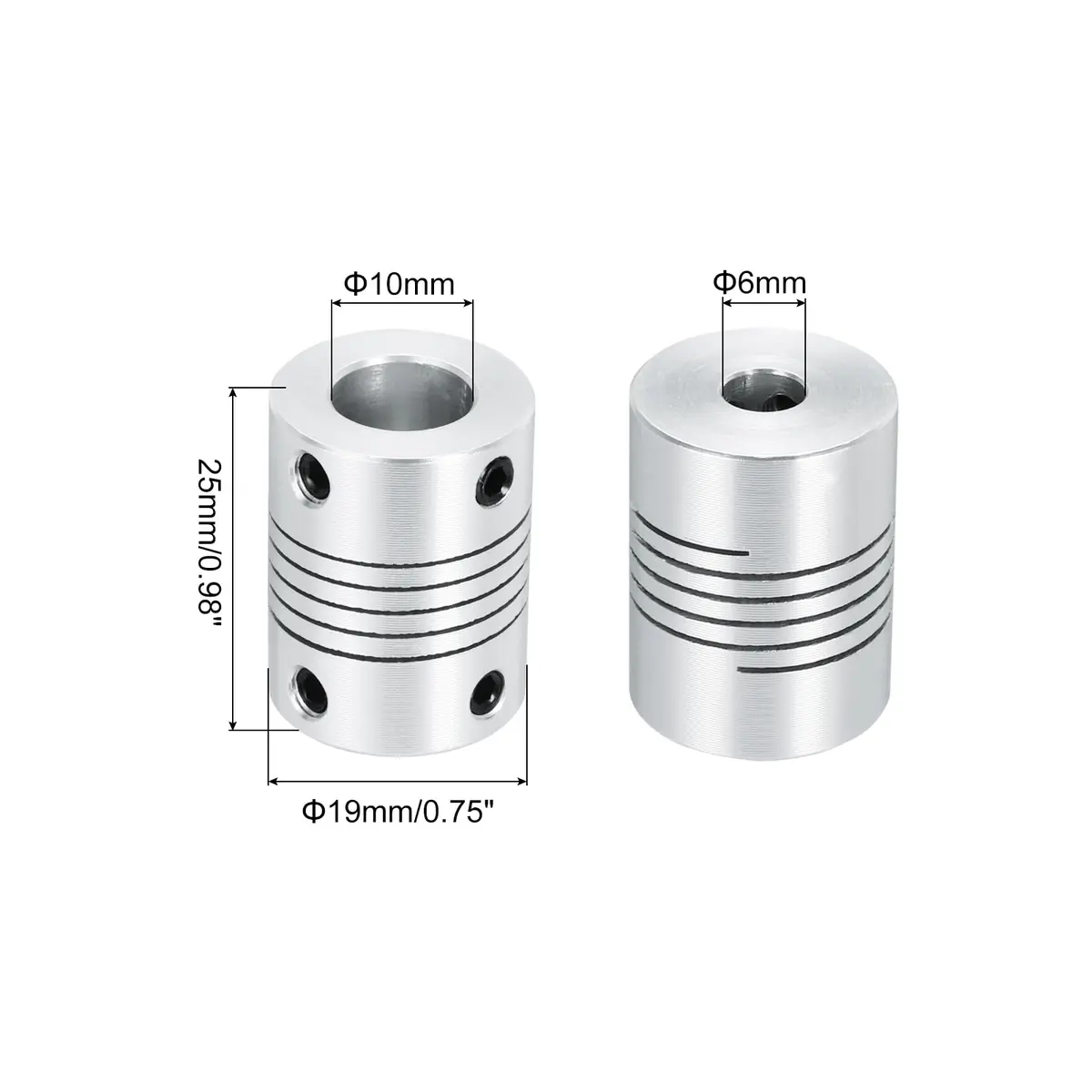 uxcell Flexible Shaft Coupling 6mm to 10mm | Aluminum Alloy, 25mm Length, Silver, for 3D Printer & CNC (70-120c) - view 2