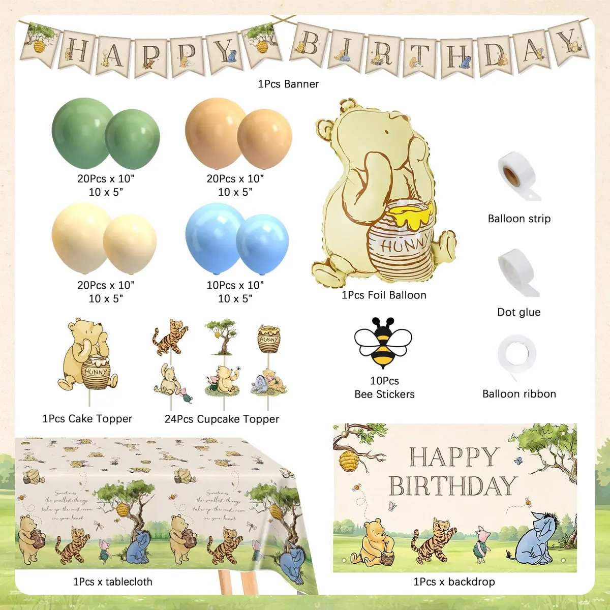 Heboland Vintage Winnie Bear Birthday Decorations Party Pack 149pcs | Classic Hundred Acre Wood Theme - view 3