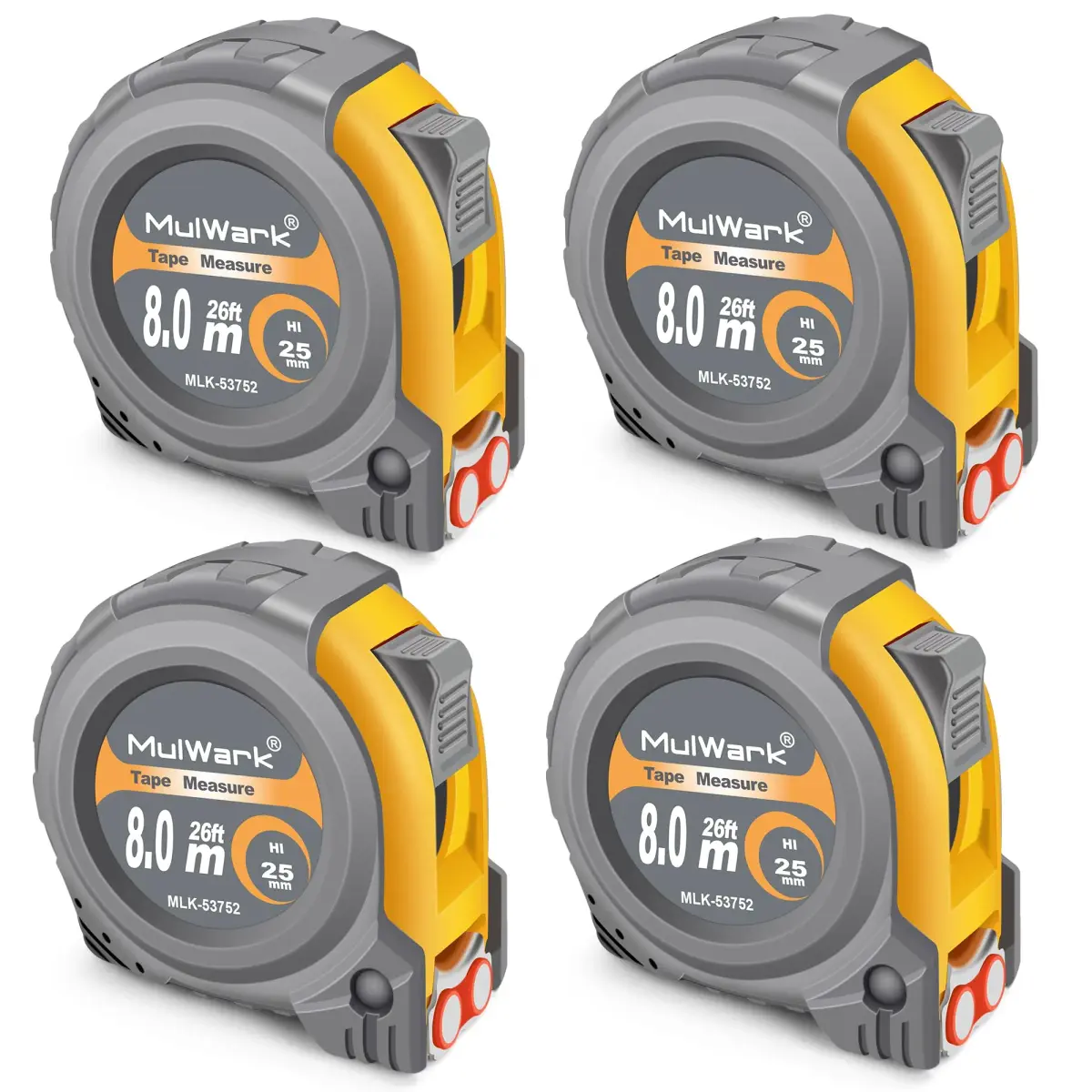 MulWark 4 Pack Retractable Tape Measure 8m (26ft) | Professional Steel Blade with Magnetic Hook & Shockproof Case - main product image