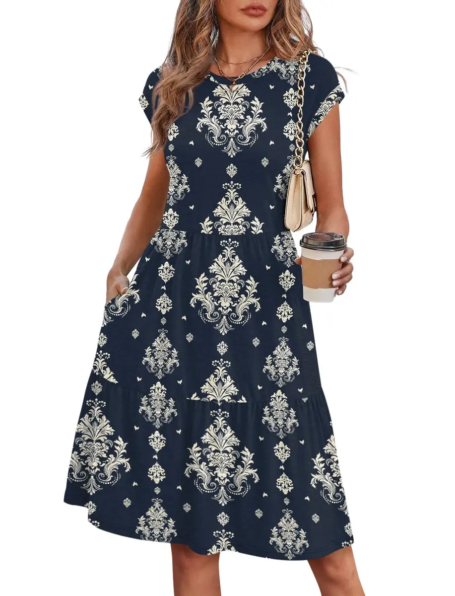 WIHOLL Casual Dresses for Women Beach Vacation Clothes Cap Sleeve Black Dress | Flattering Knee-Length Summer Dress - main product image