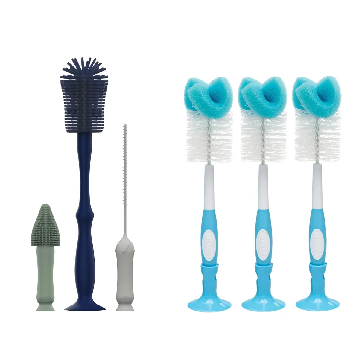 Dr. Brown's Silicone Cleaning Brush Set with Bottle, Spout, and Straw Brush, 3-Pack + Baby Bottle Sponge Brush, Blue, 3-Pack | Safe Silicone & Easy to Clean - main product image