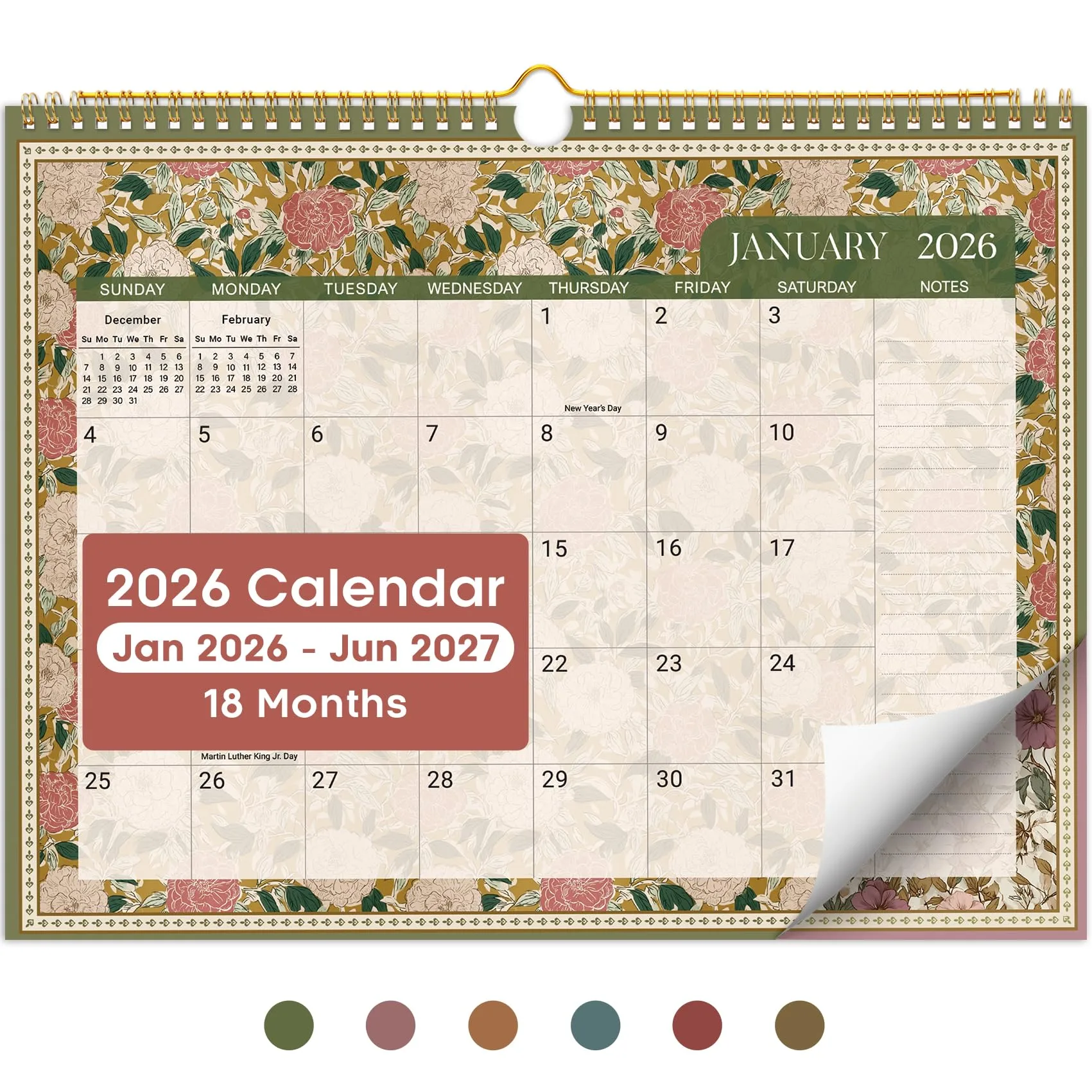 Taja Floral Borders Wall Calendar 2026-2027 (11.5" x 14.8" | 18-Month Planning) - main product image