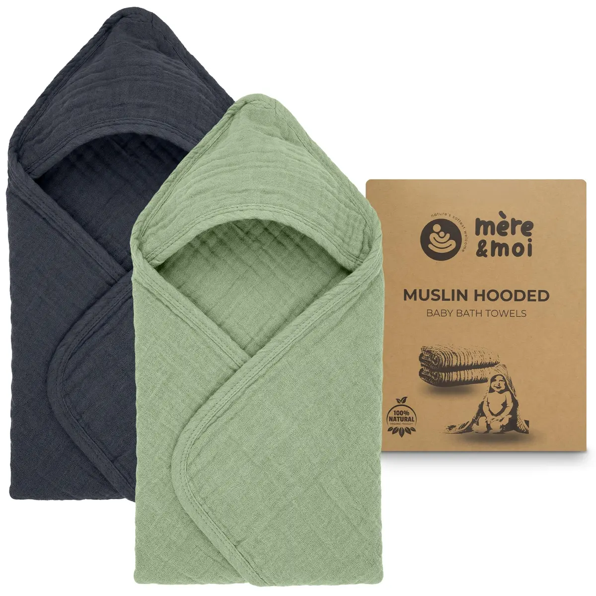 Mère & Moi 2 Pack Muslin Hooded Baby Bath Towel - Soft Cotton Green & Charcoal | Ultra-Absorbent & Quick-Drying - main product image
