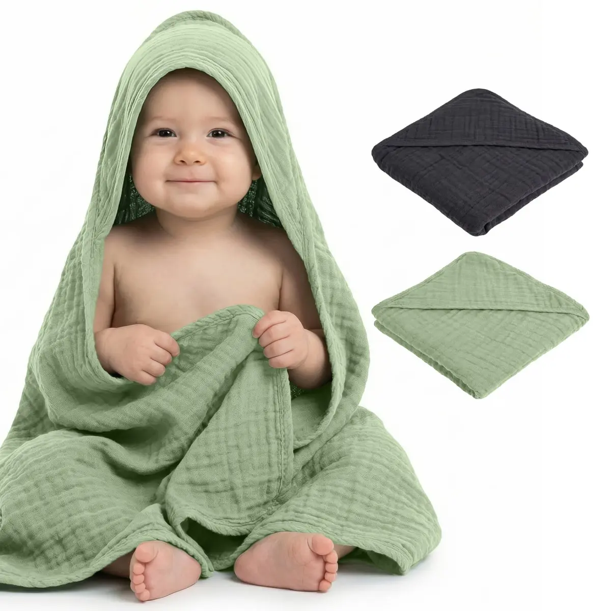 Mère & Moi 2 Pack Muslin Hooded Baby Bath Towel - Soft Cotton Green & Charcoal | Ultra-Absorbent & Quick-Drying - view 8