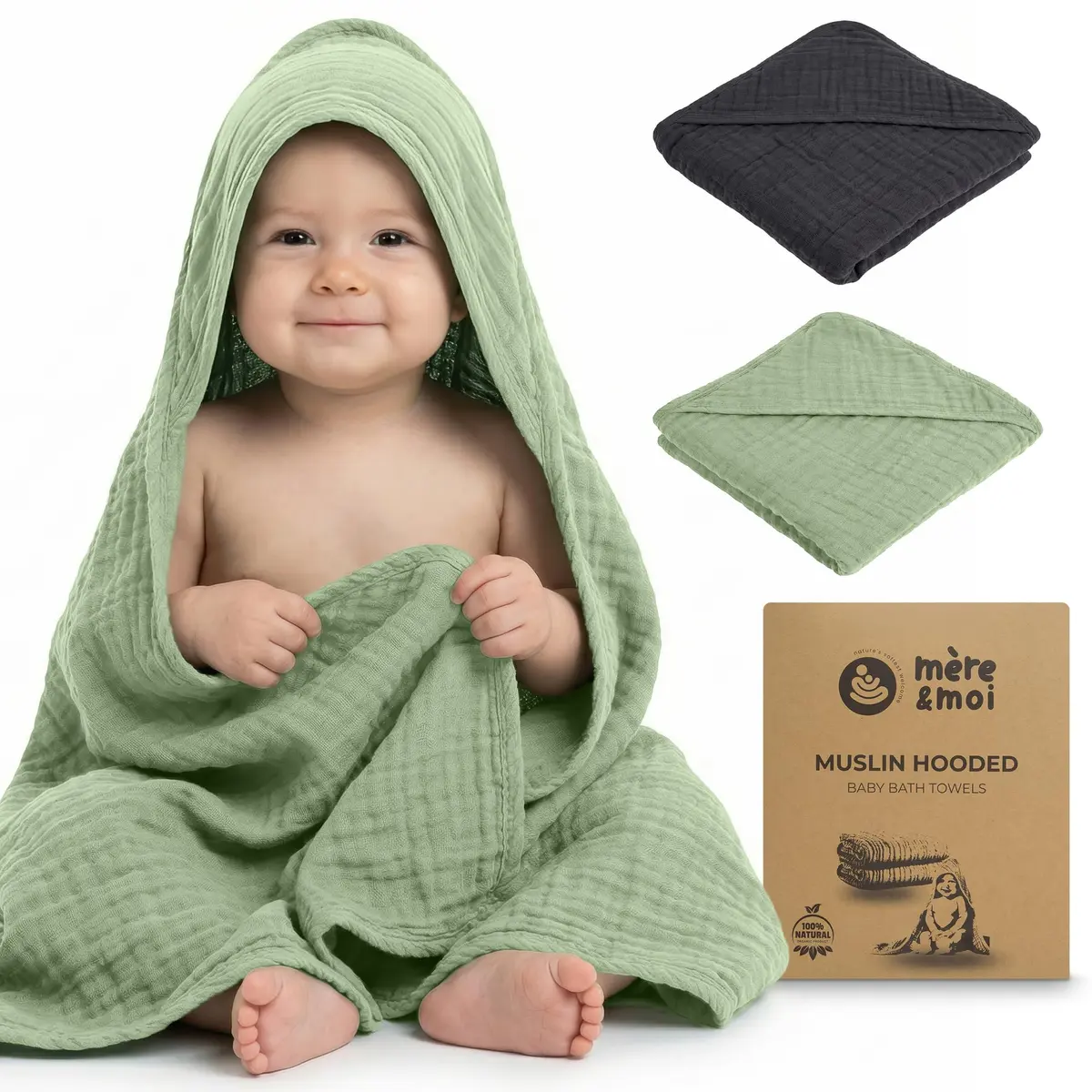 Mère & Moi 2 Pack Muslin Hooded Baby Bath Towel - Soft Cotton Green & Charcoal | Ultra-Absorbent & Quick-Drying - view 2