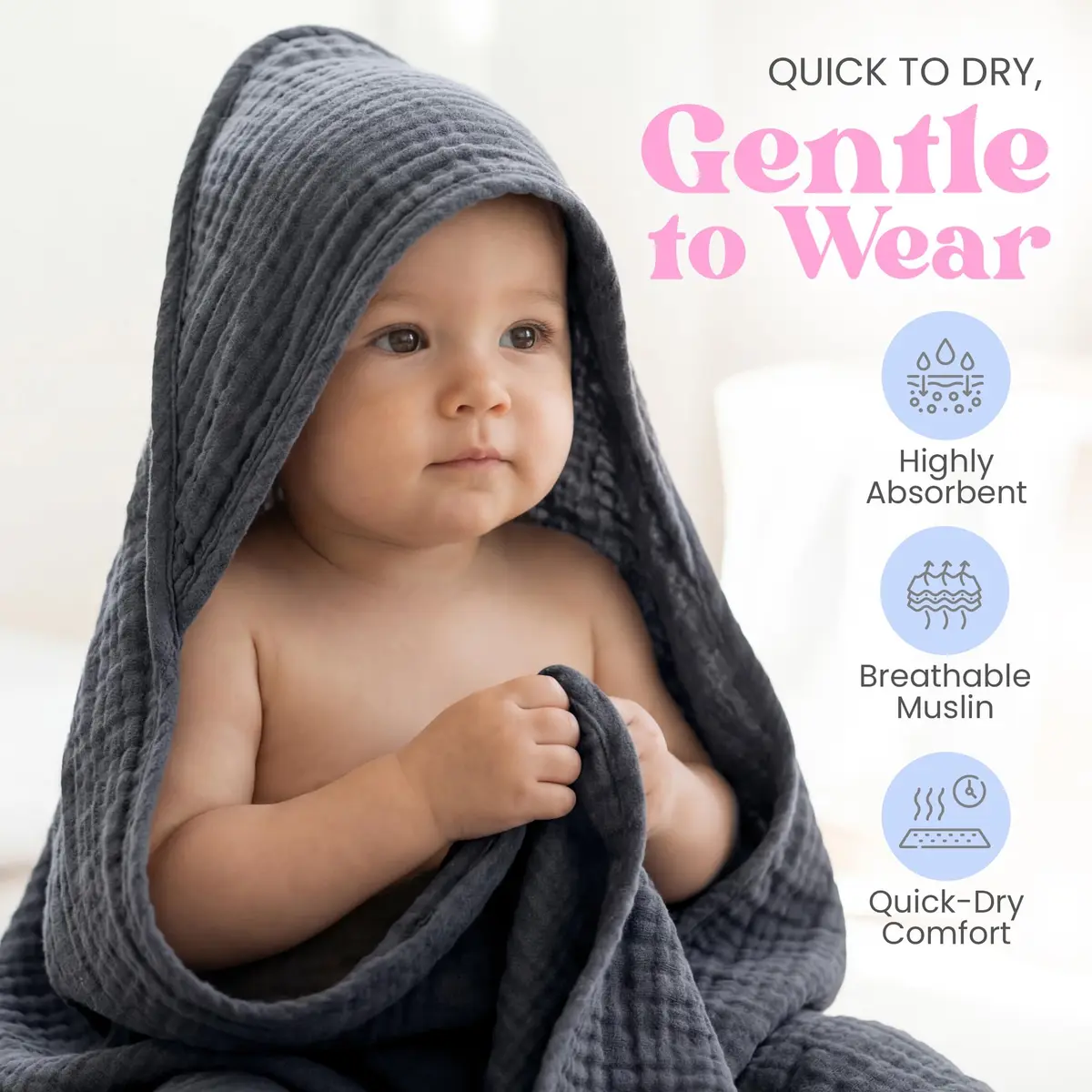 Mère & Moi 2 Pack Muslin Hooded Baby Bath Towel - Soft Cotton Green & Charcoal | Ultra-Absorbent & Quick-Drying - view 4