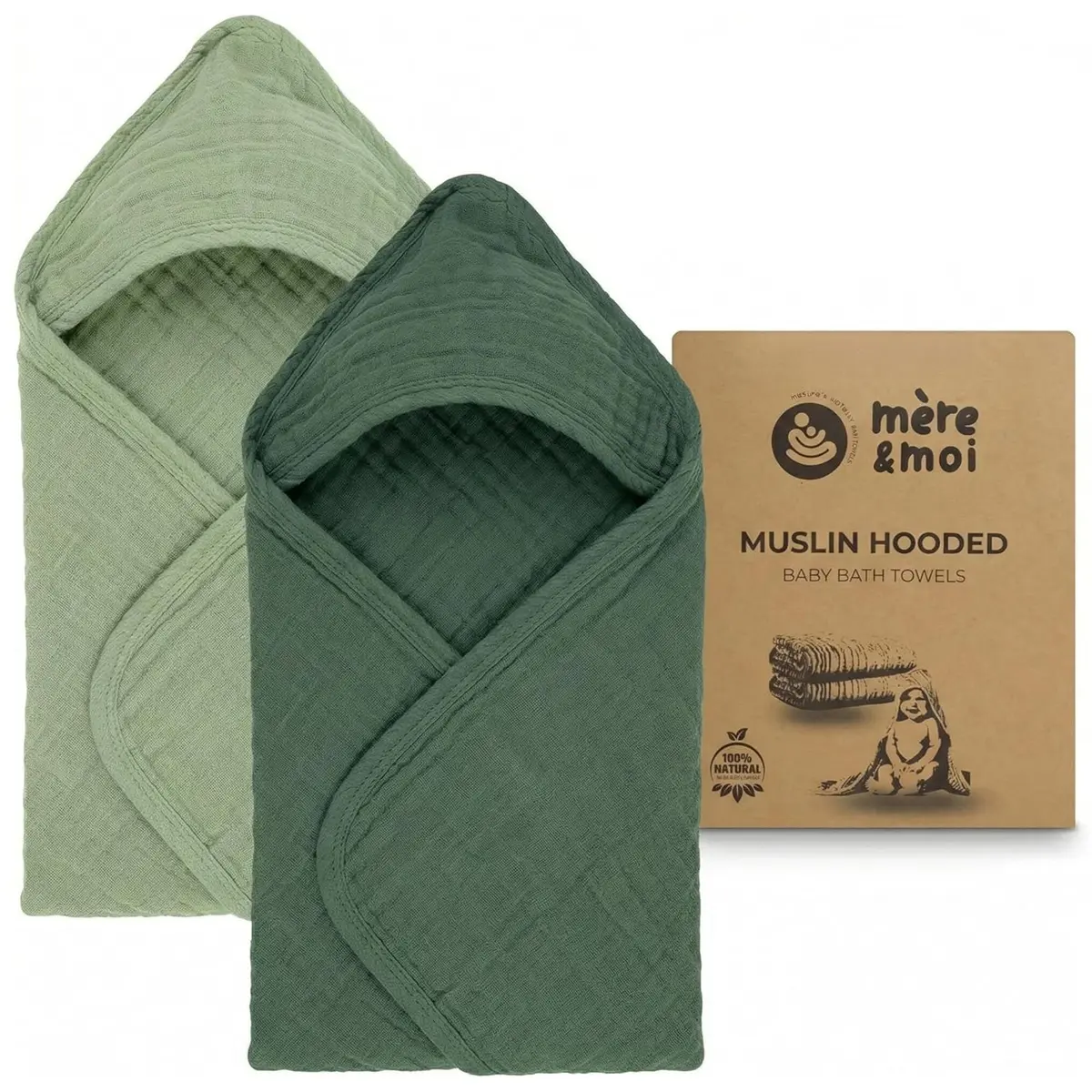 Mère & Moi 2X Muslin Hooded Baby Bath Towels - 30 in Cotton - Green | Ultra Soft & Absorbent for Newborns & Toddlers - main product image