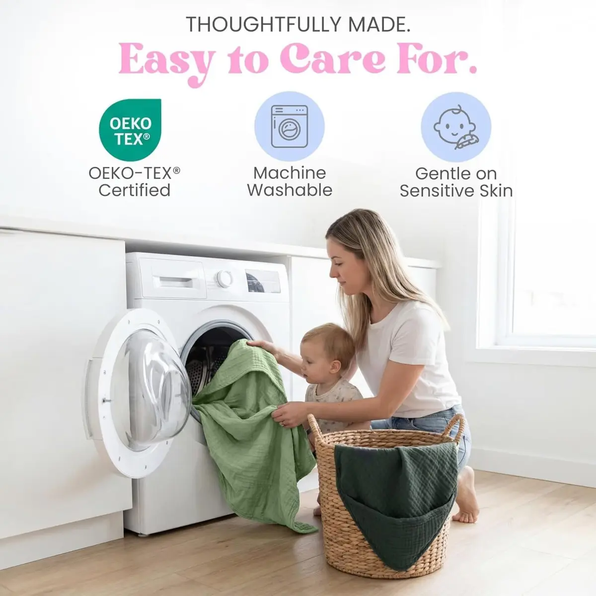 Mère & Moi 2X Muslin Hooded Baby Bath Towels - 30 in Cotton - Green | Ultra Soft & Absorbent for Newborns & Toddlers - view 7