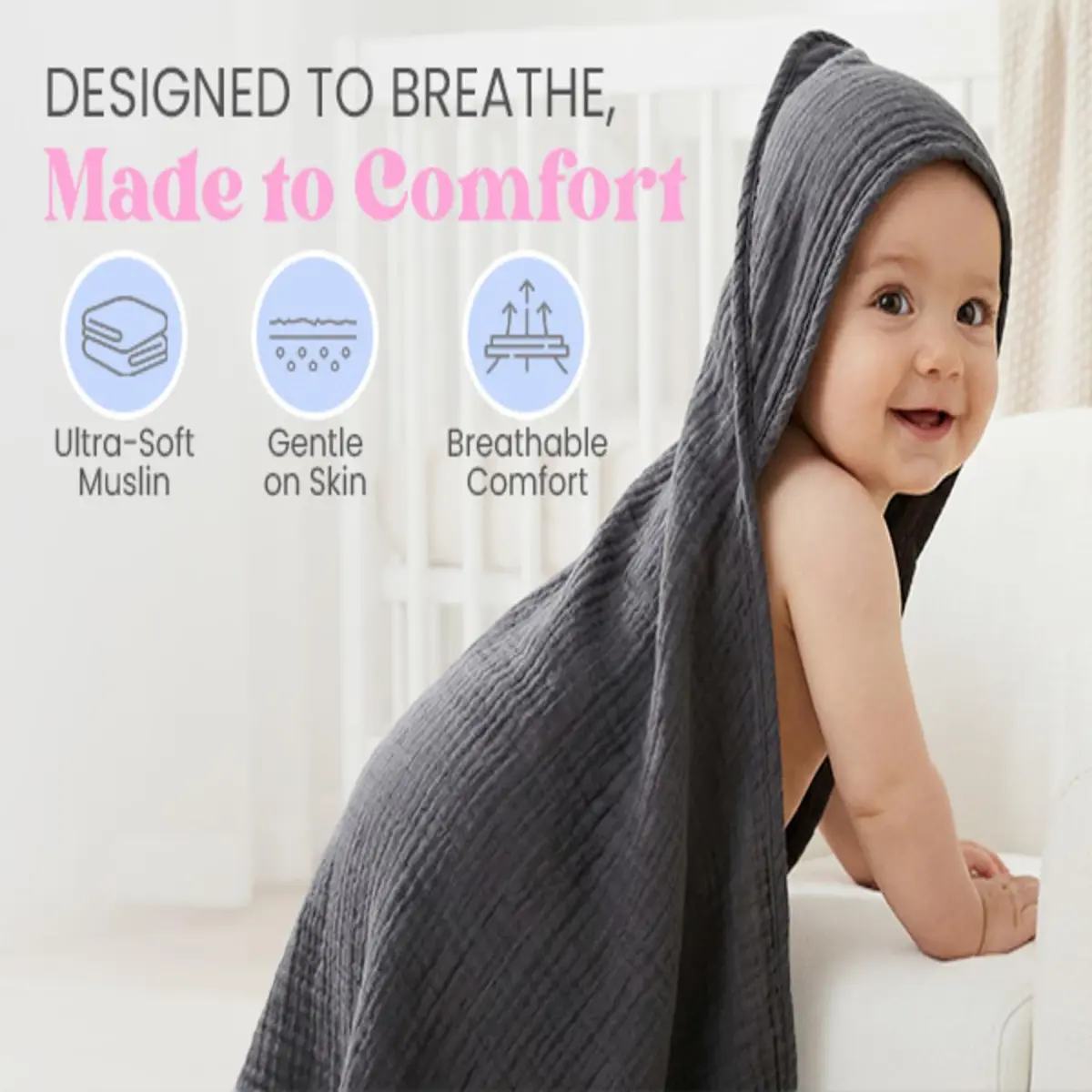Mère & Moi 2X Muslin Hooded Baby Bath Towels - 30 in Cotton - Green | Ultra Soft & Absorbent for Newborns & Toddlers - view 9