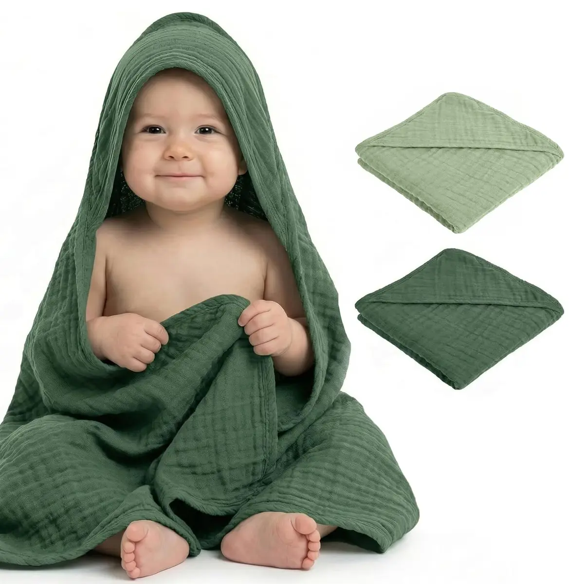 Mère & Moi 2X Muslin Hooded Baby Bath Towels - 30 in Cotton - Green | Ultra Soft & Absorbent for Newborns & Toddlers - view 2
