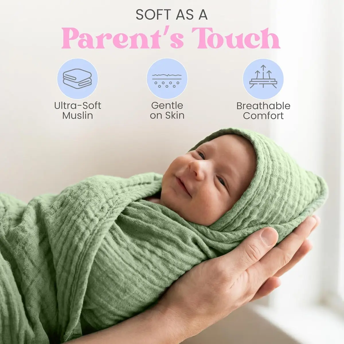 Mère & Moi 2X Muslin Hooded Baby Bath Towels - 30 in Cotton - Green | Ultra Soft & Absorbent for Newborns & Toddlers - view 3