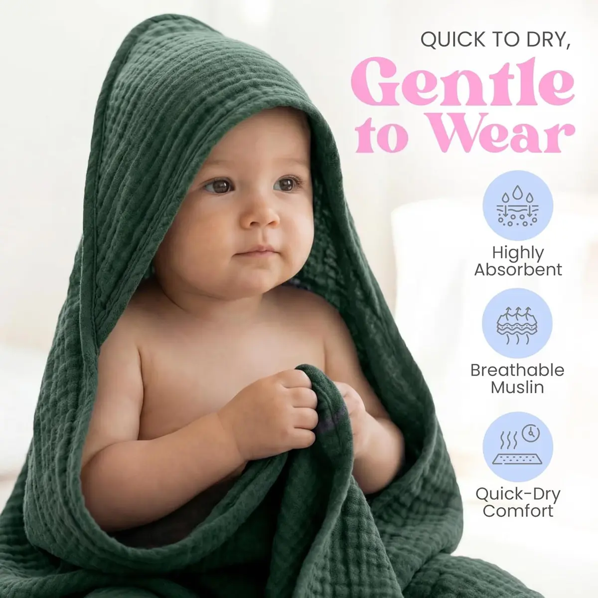 Mère & Moi 2X Muslin Hooded Baby Bath Towels - 30 in Cotton - Green | Ultra Soft & Absorbent for Newborns & Toddlers - view 4