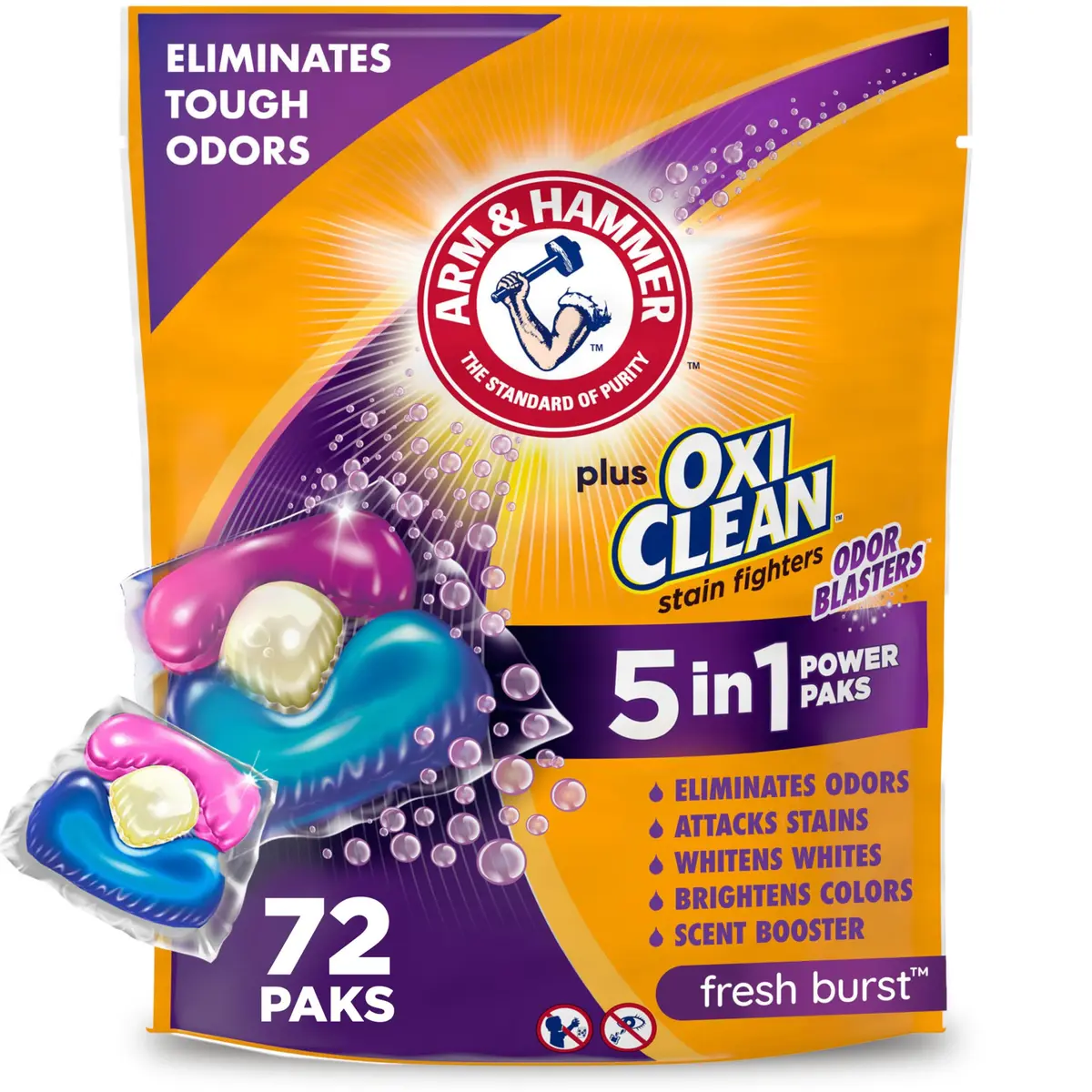 ARM & HAMMER Plus OxiClean With Odor Blasters Laundry Detergent Paks, 72 Ct | 5-in-1 Cleaning Power - main product image