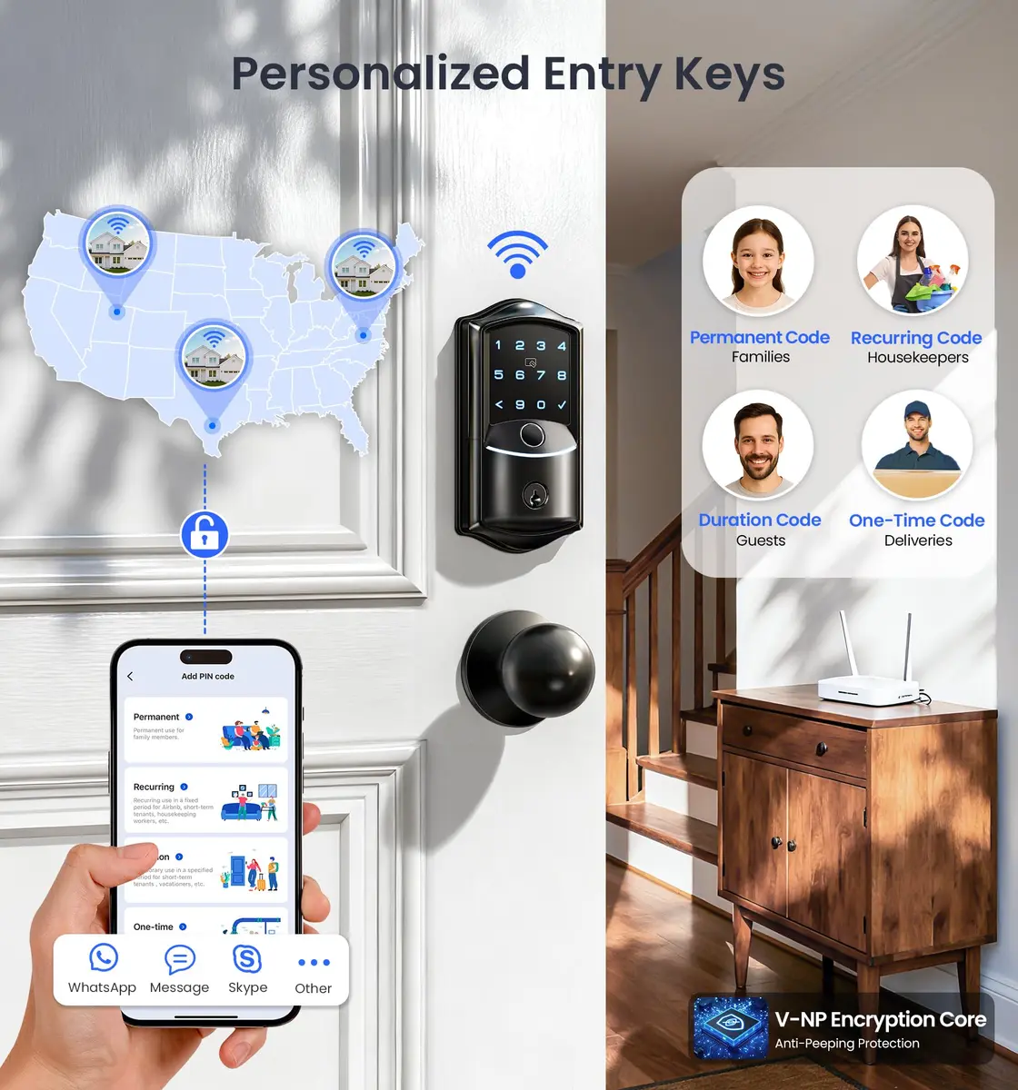 Veise VE027-K WiFi Smart Deadbolt Lock Set with 2 Knobs, Matte Black | Remote Control & Fingerprint Access - view 6