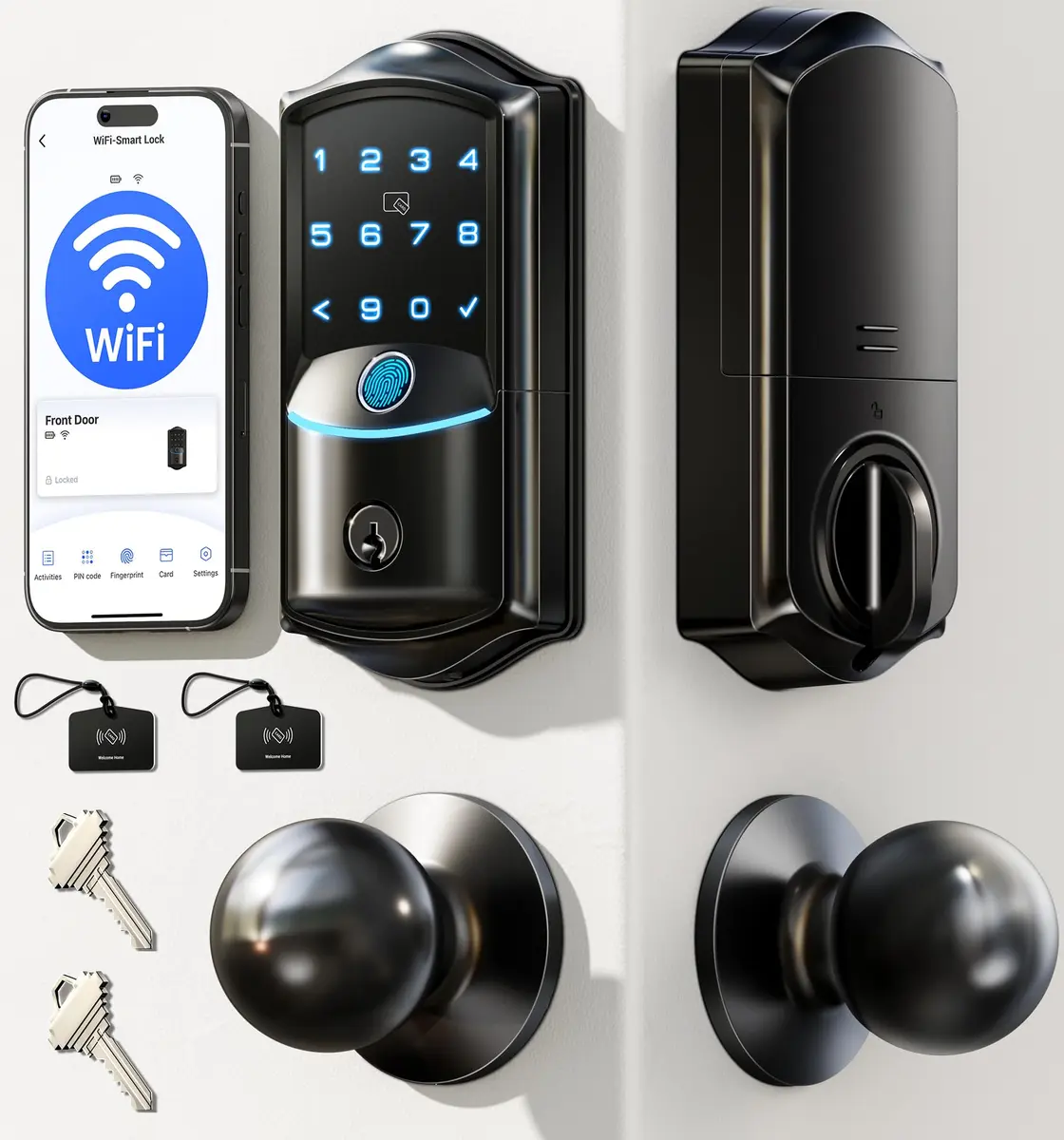 Veise VE027-K WiFi Smart Deadbolt Lock Set with 2 Knobs, Matte Black | Remote Control & Fingerprint Access - main product image