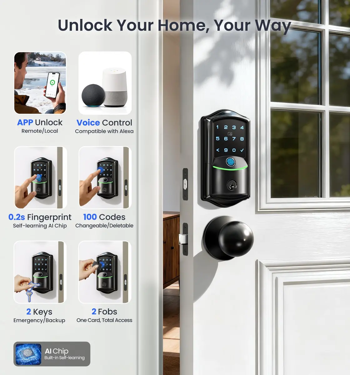 Veise VE027-K WiFi Smart Deadbolt Lock Set with 2 Knobs, Matte Black | Remote Control & Fingerprint Access - view 2