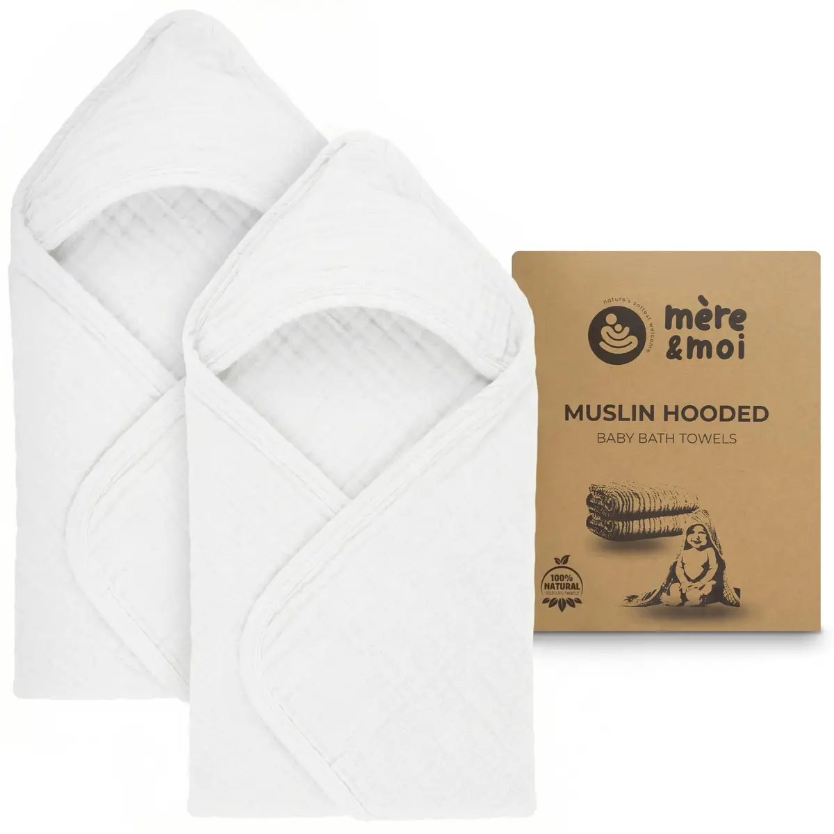 Mère & Moi 2X Muslin Hooded Baby Bath Towel - White, 76 cm (30 in), Cotton | Ultra-Soft, Quick-Dry Baby Towel - main product image