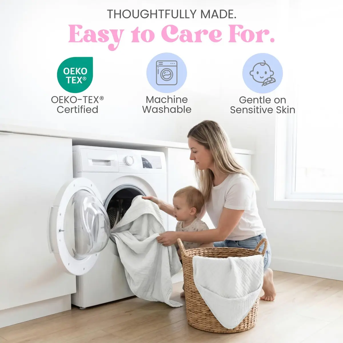 Mère & Moi 2X Muslin Hooded Baby Bath Towel - White, 76 cm (30 in), Cotton | Ultra-Soft, Quick-Dry Baby Towel - view 7