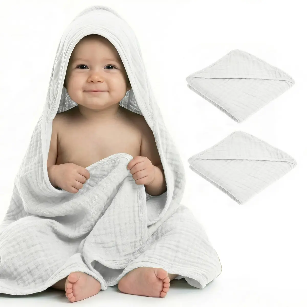 Mère & Moi 2X Muslin Hooded Baby Bath Towel - White, 76 cm (30 in), Cotton | Ultra-Soft, Quick-Dry Baby Towel - view 8