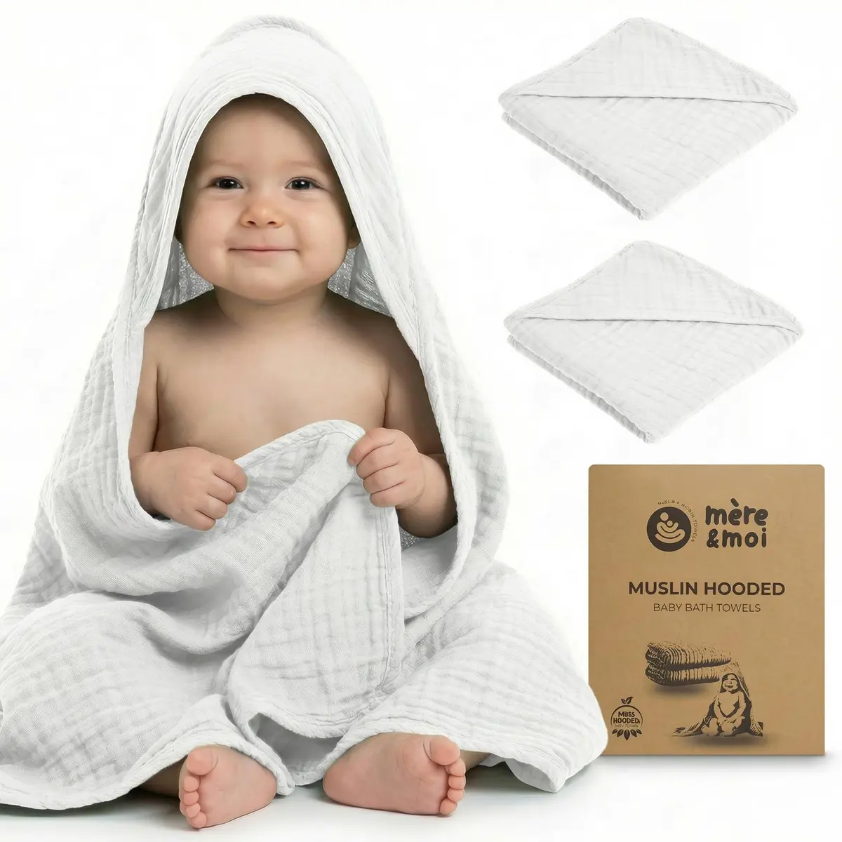 Mère & Moi 2X Muslin Hooded Baby Bath Towel - White, 76 cm (30 in), Cotton | Ultra-Soft, Quick-Dry Baby Towel - view 2