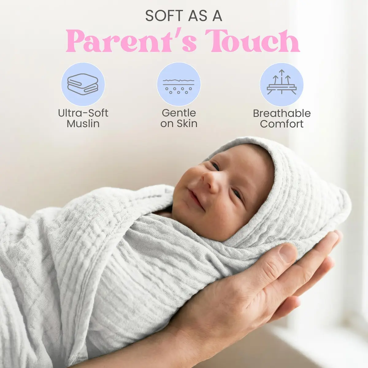 Mère & Moi 2X Muslin Hooded Baby Bath Towel - White, 76 cm (30 in), Cotton | Ultra-Soft, Quick-Dry Baby Towel - view 3