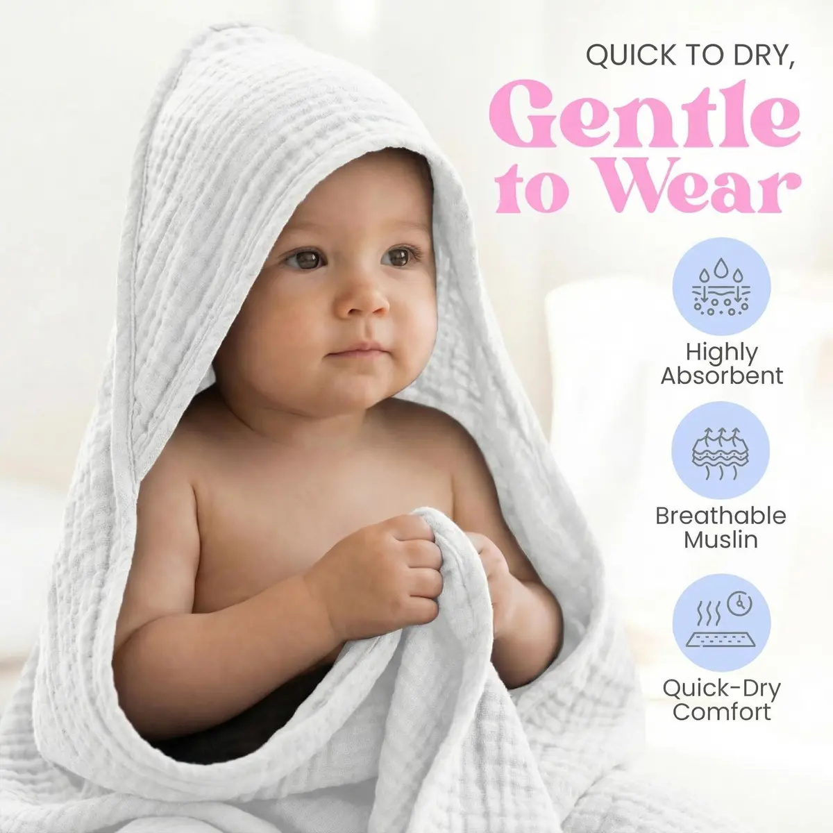 Mère & Moi 2X Muslin Hooded Baby Bath Towel - White, 76 cm (30 in), Cotton | Ultra-Soft, Quick-Dry Baby Towel - view 4