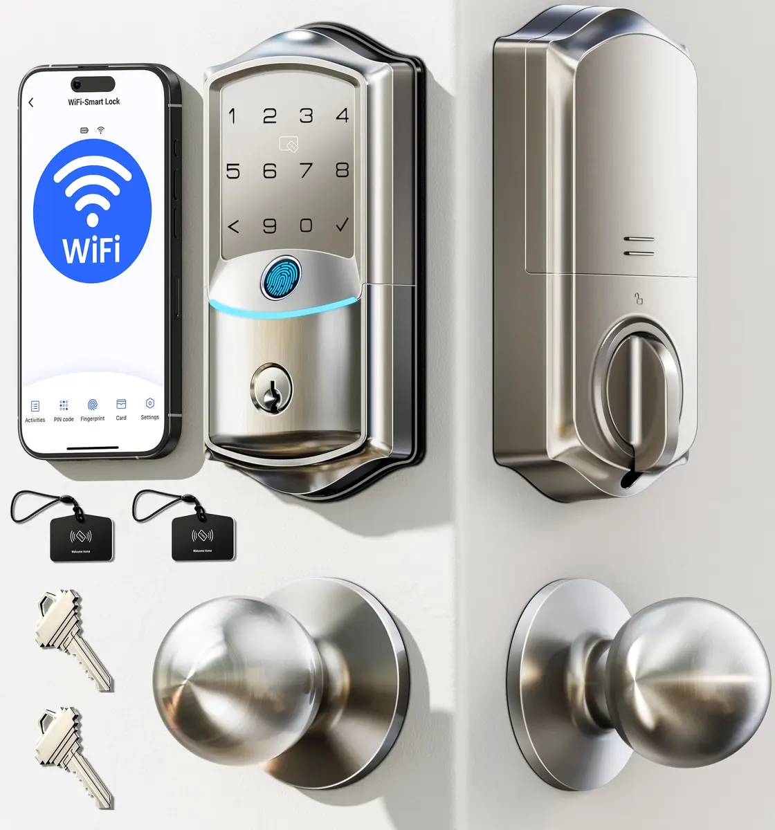 Veise VE027-K WiFi Smart Deadbolt Lock Set with 2 Knobs, Satin Nickel | Remote Access & Fingerprint Entry - main product image